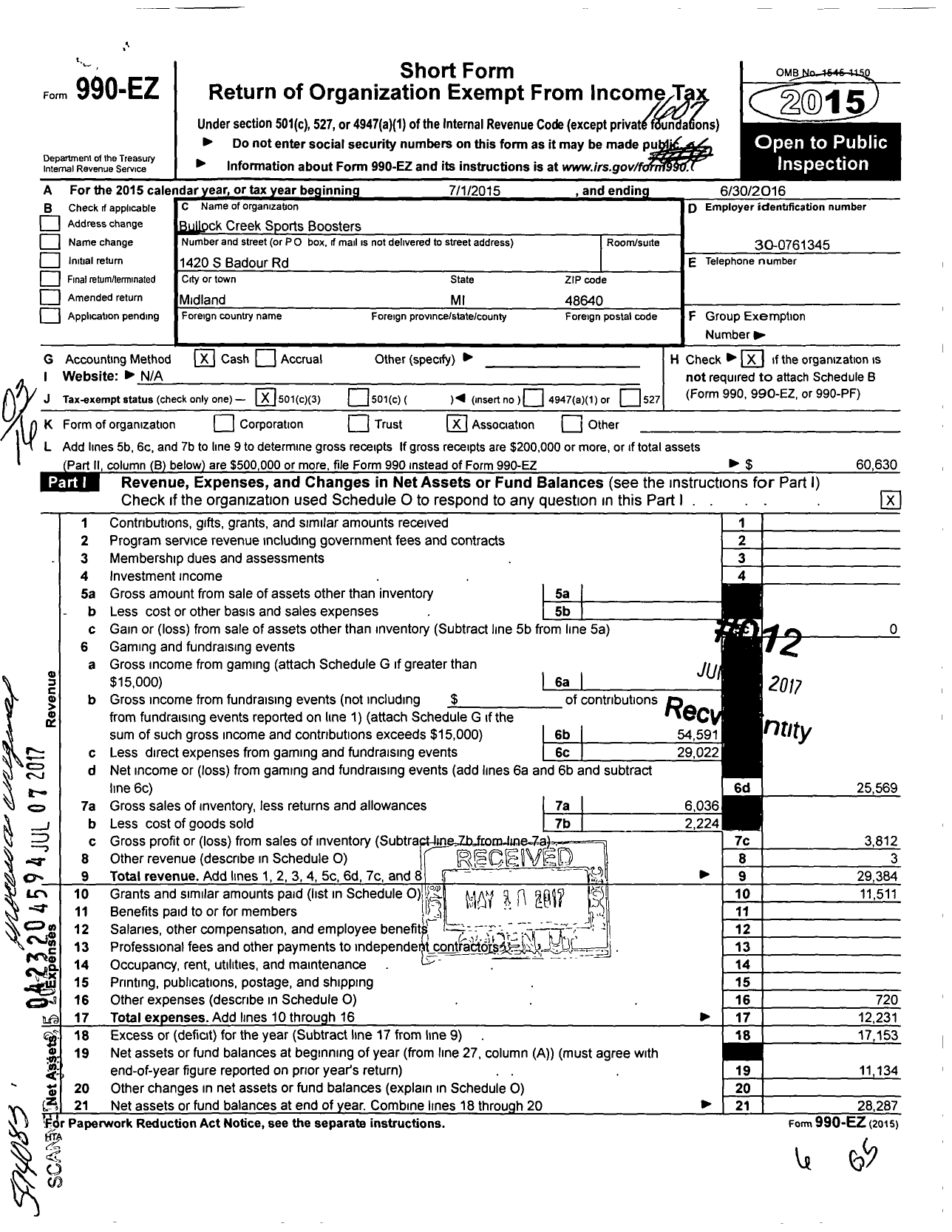 Image of first page of 2015 Form 990EZ for Bullock Creek Sports Boosters