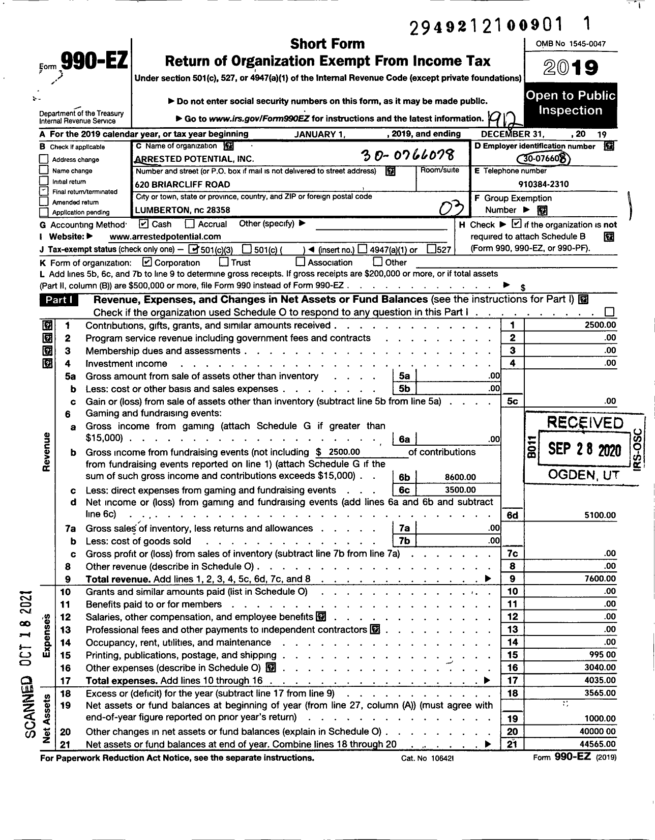 Image of first page of 2019 Form 990EZ for Arrested Potential