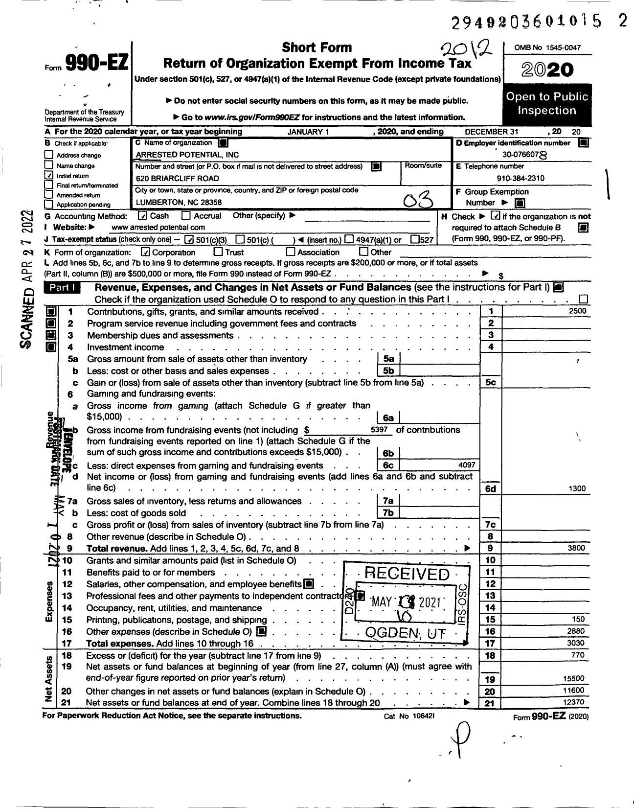 Image of first page of 2020 Form 990EZ for Arrested Potential