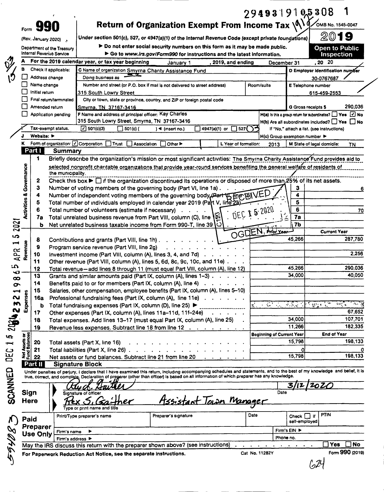 Image of first page of 2020 Form 990 for Smyrna Charity Assistance Fund