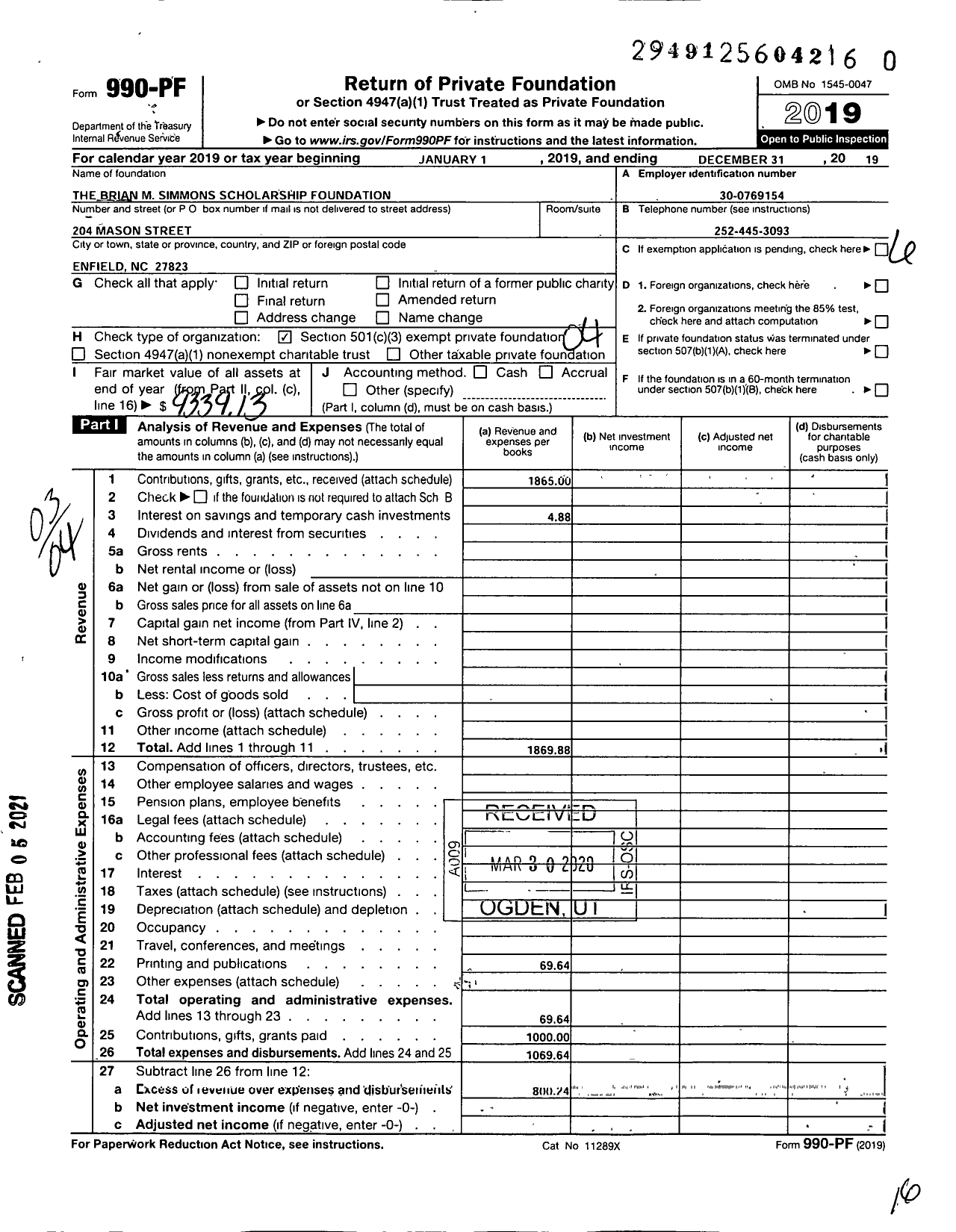 Image of first page of 2019 Form 990PF for Brian M Simmons Scholarship Foundation