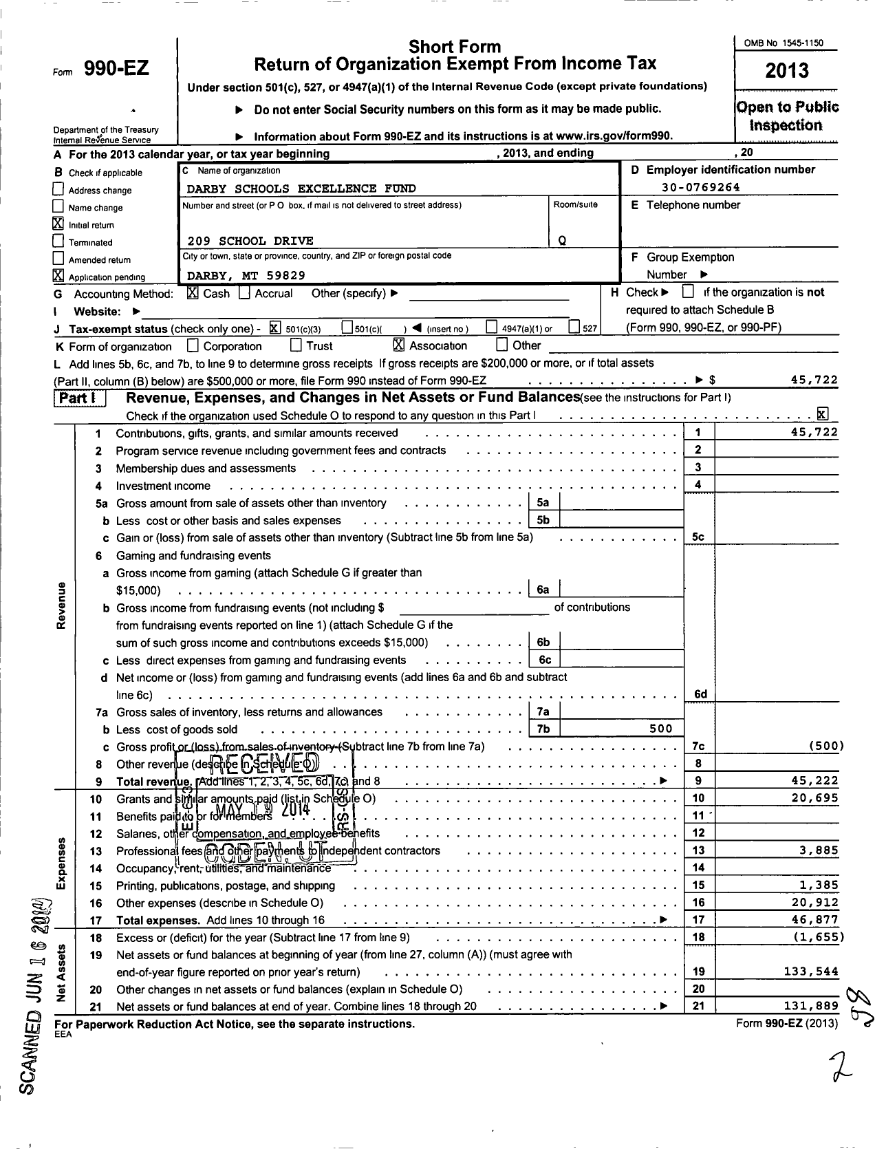 Image of first page of 2013 Form 990EZ for Darby Schools Excellence Fund