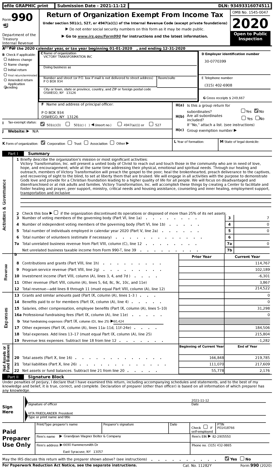 Image of first page of 2020 Form 990 for Victory Transformation