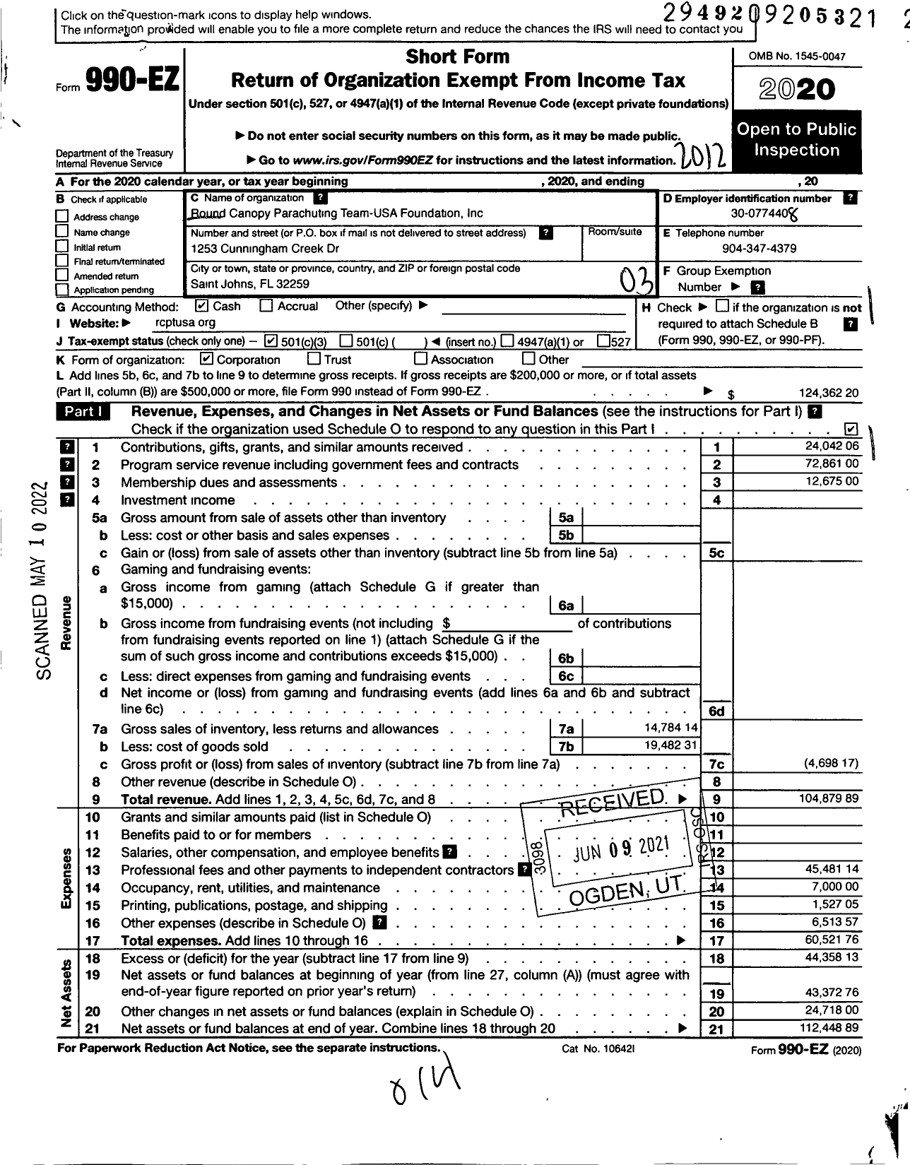 Image of first page of 2020 Form 990EZ for Round Canopy Parachuting Team - USA Foundation