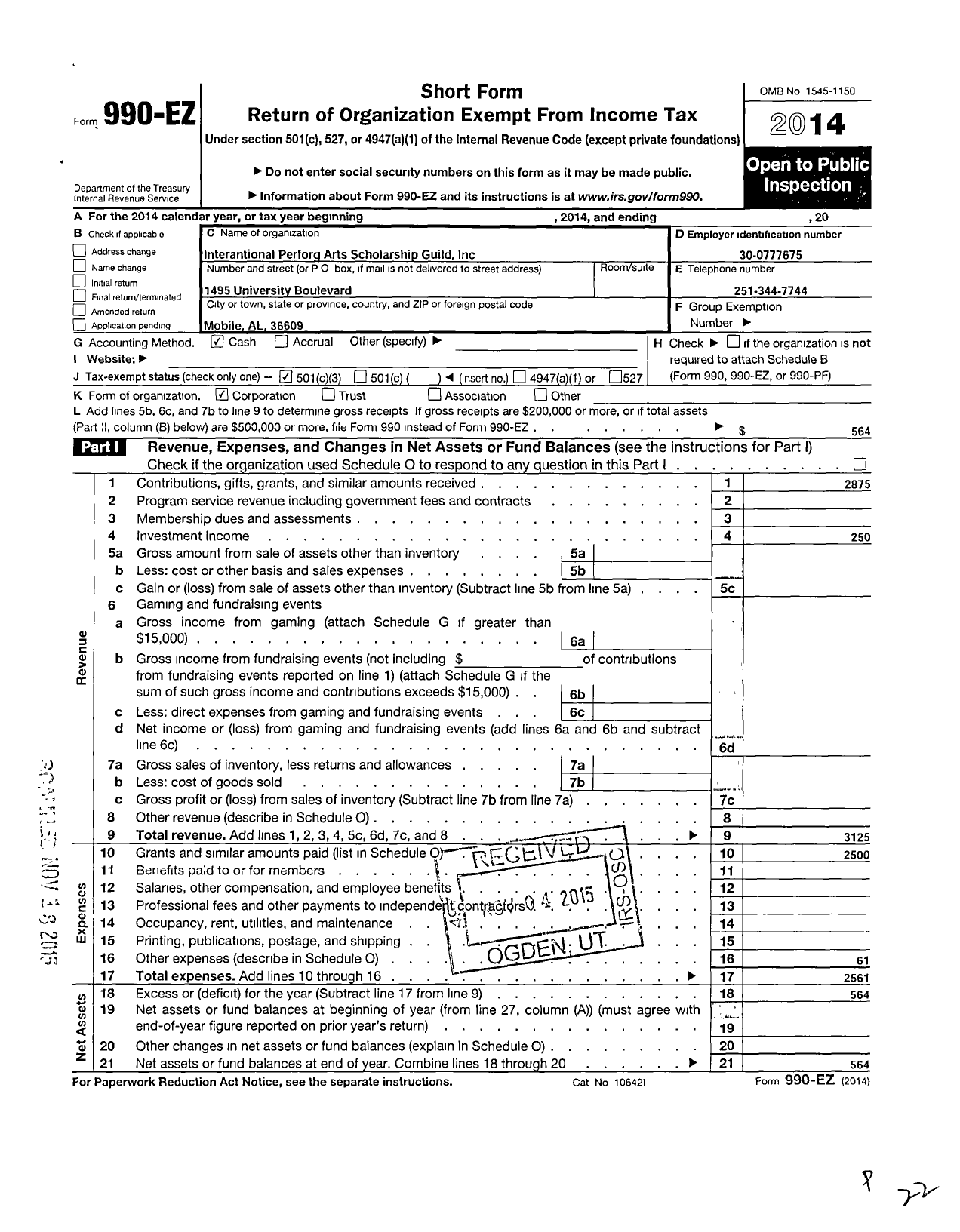 Image of first page of 2014 Form 990EZ for International Performing Arts Scholarship Guild