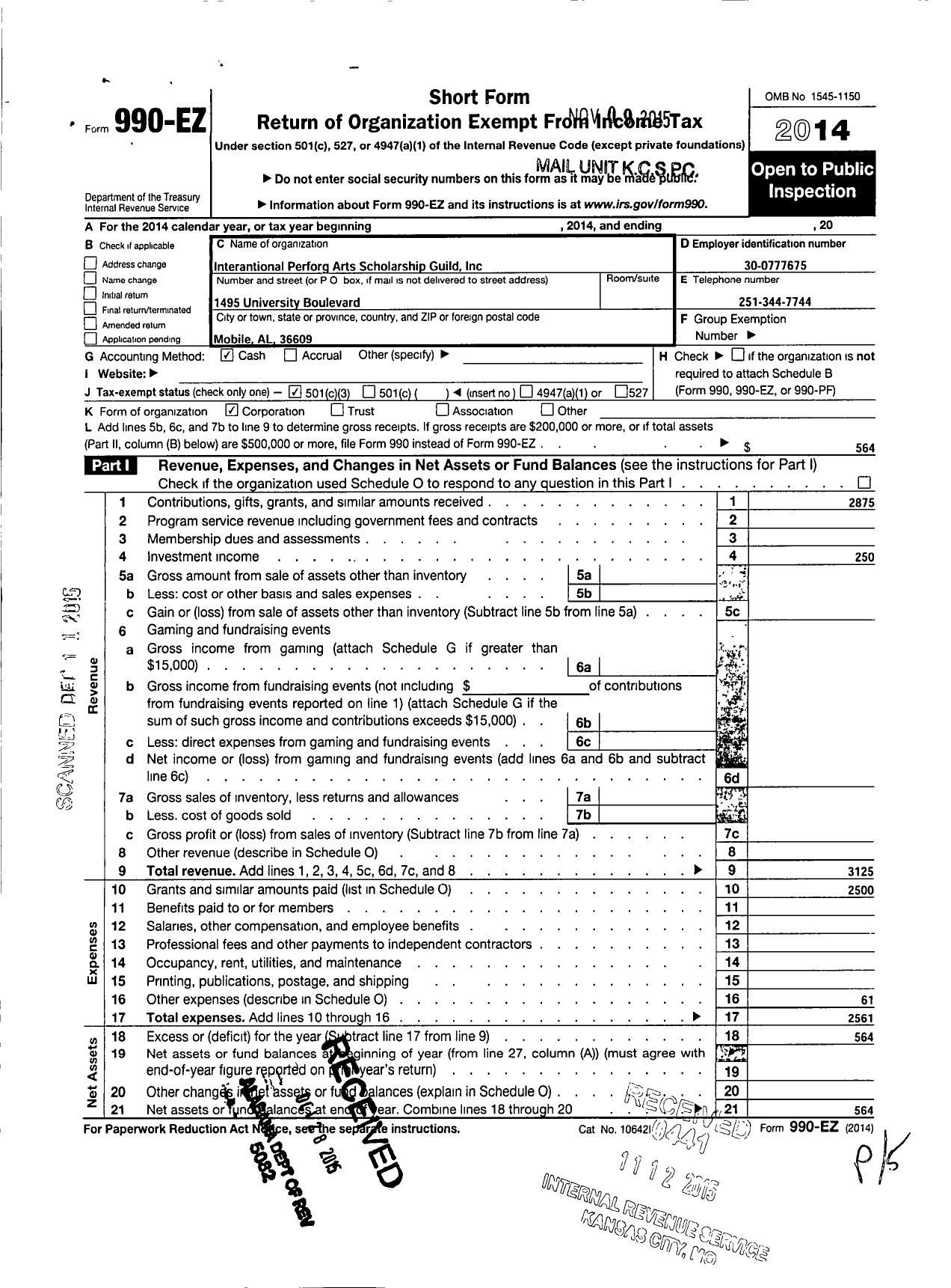 Image of first page of 2014 Form 990EZ for International Performing Arts Scholarship Guild