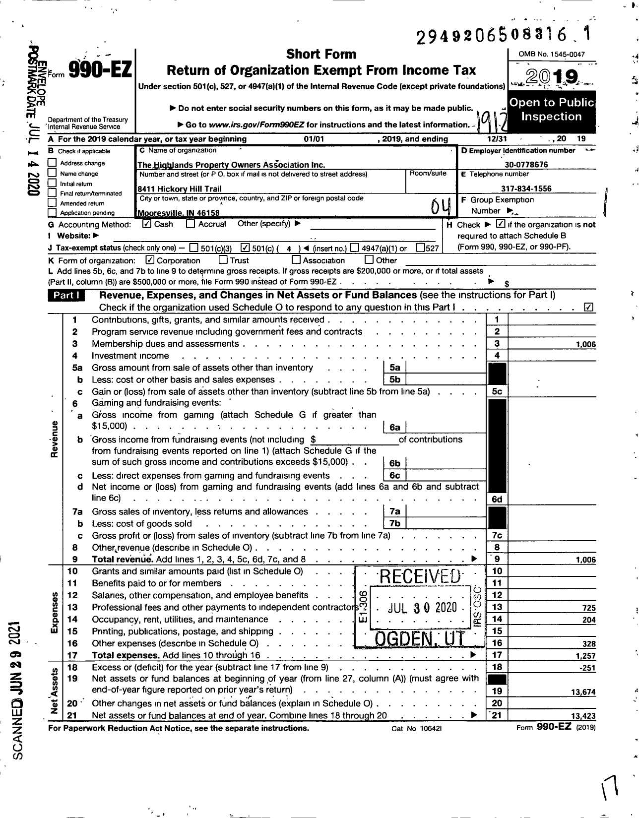 Image of first page of 2019 Form 990EO for The Highlands Property Owners Association