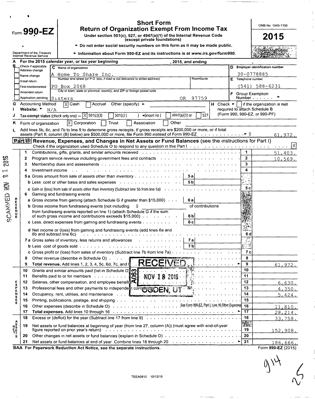 Image of first page of 2015 Form 990EZ for A Home To Share