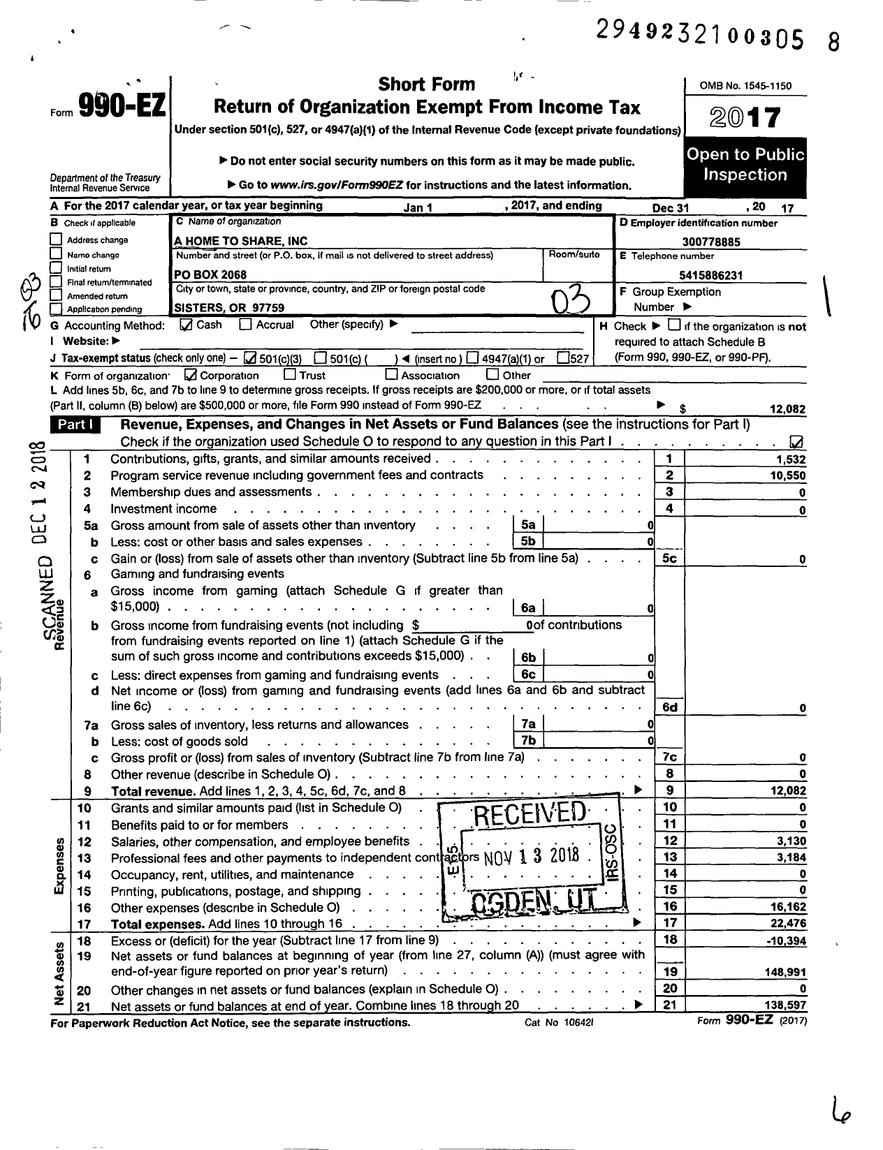 Image of first page of 2017 Form 990EZ for A Home To Share