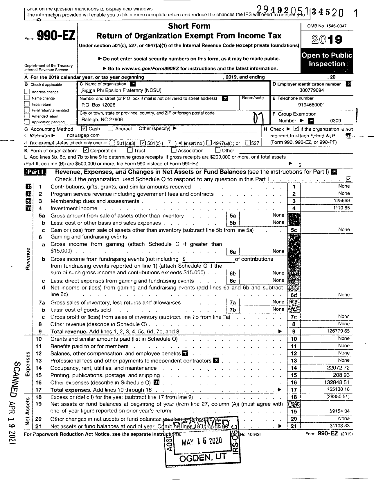 Image of first page of 2019 Form 990EO for Sigma Phi Epsilon - NC Beta