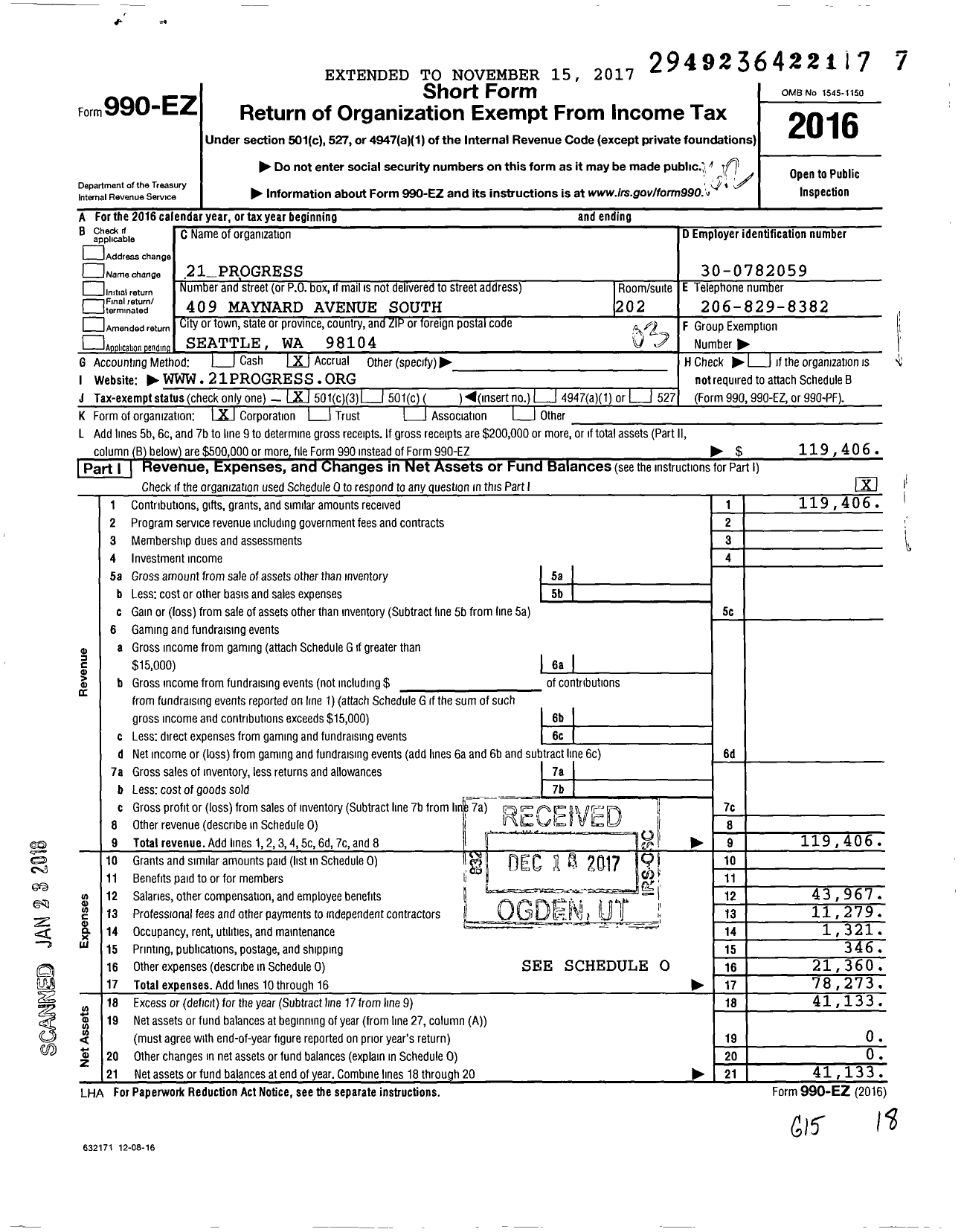 Image of first page of 2016 Form 990EZ for 21 Progress