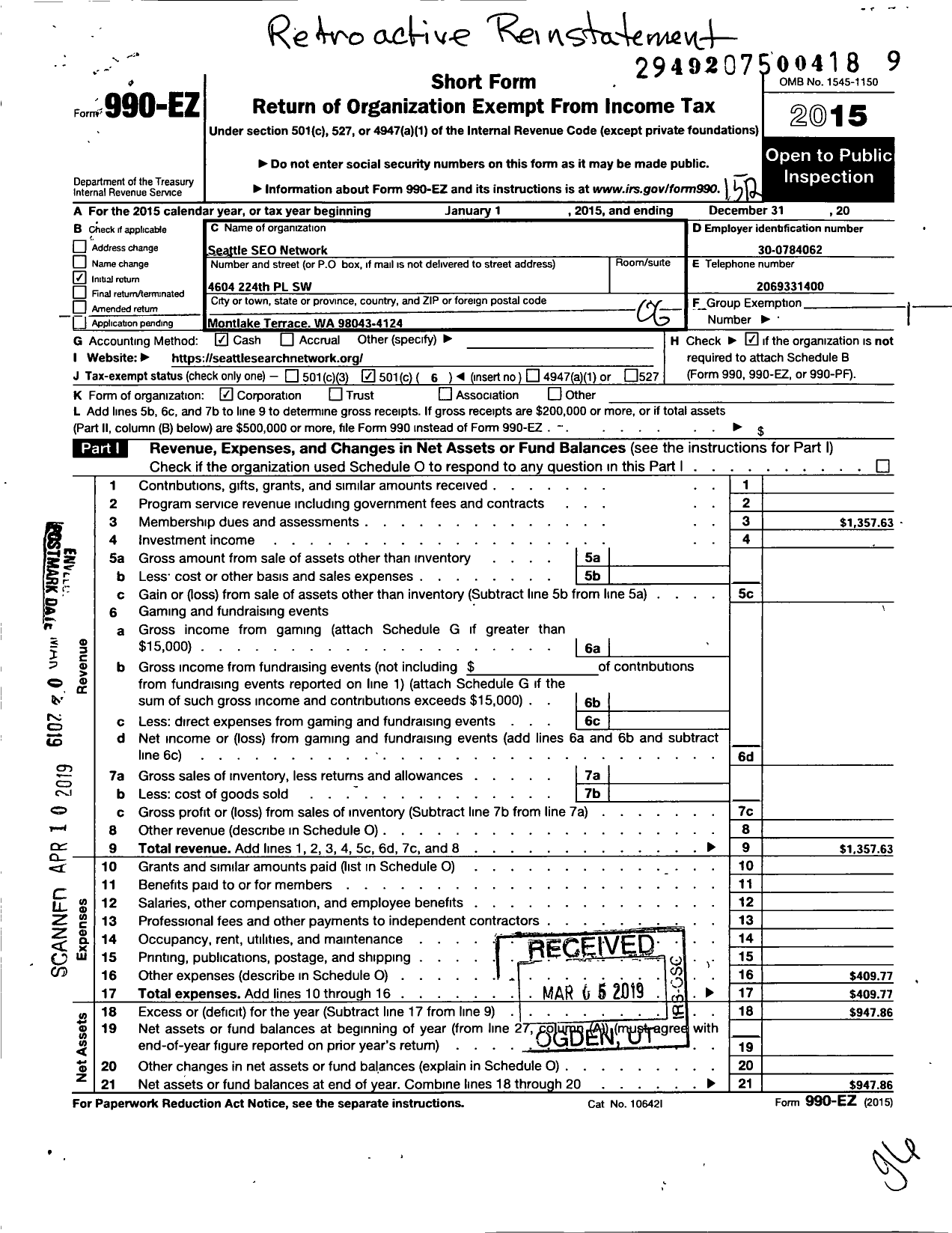 Image of first page of 2015 Form 990EO for Seattle Seo Network