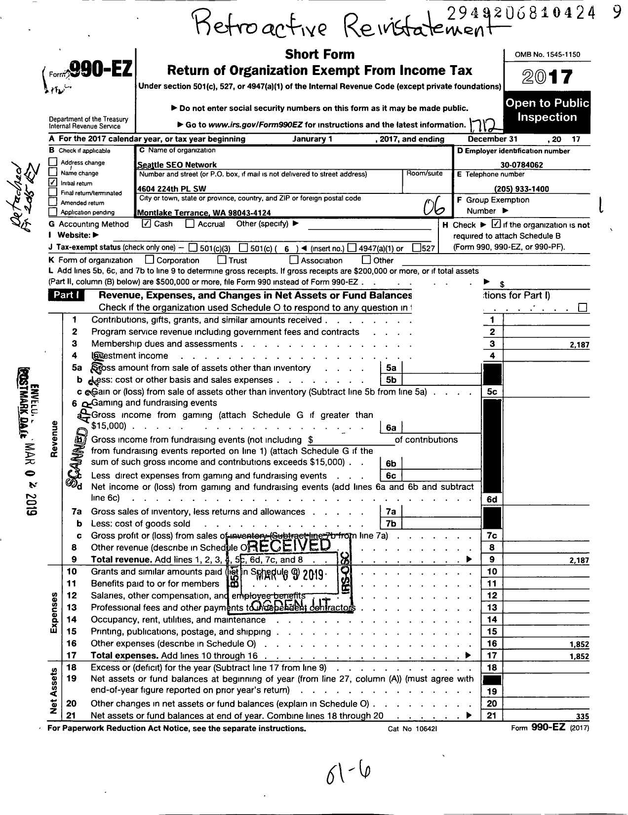 Image of first page of 2017 Form 990EO for Seattle Seo Network