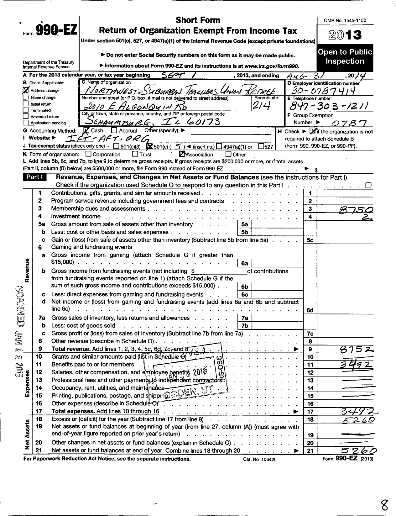 Image of first page of 2013 Form 990EO for American Federation of Teachers - 1211 NW Suburban TS Un Retiree Chap