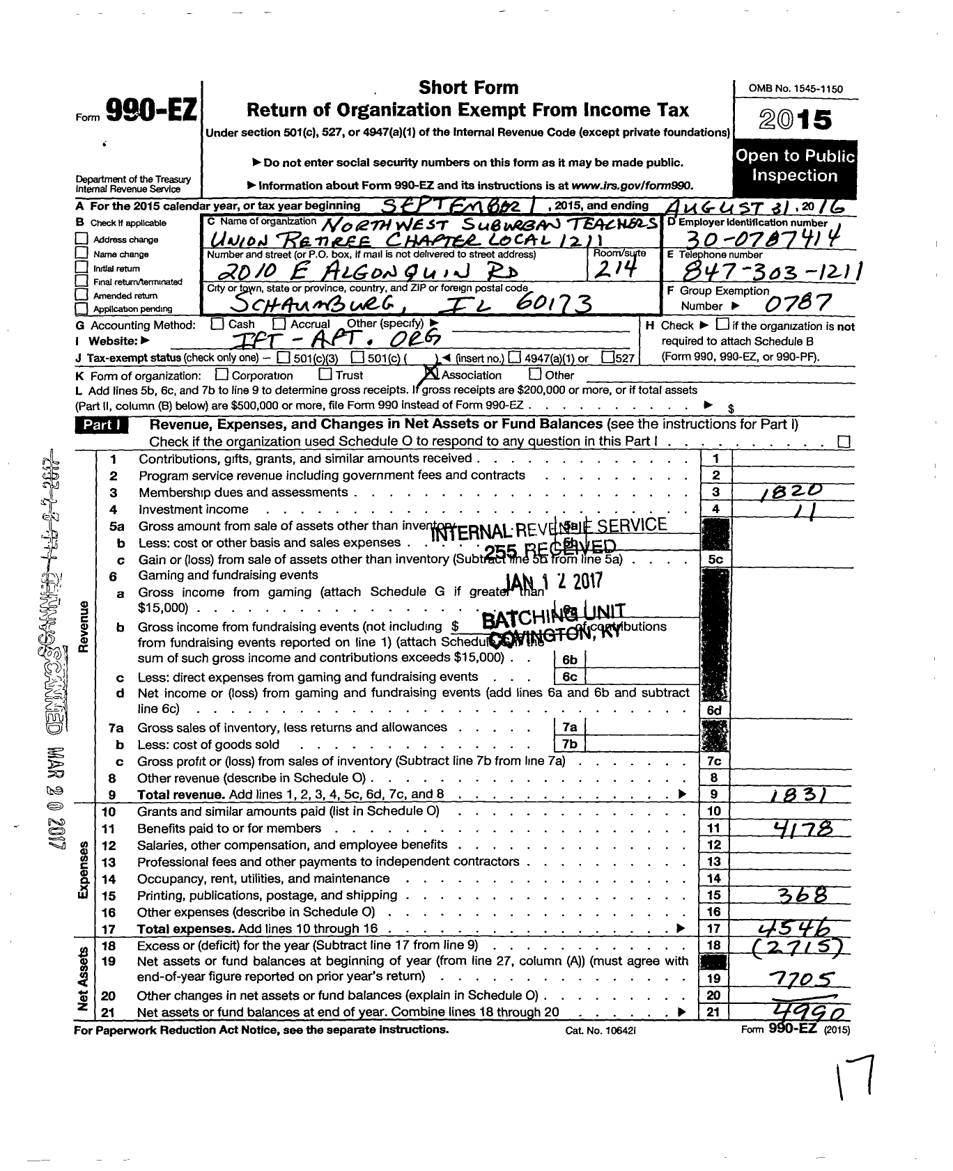 Image of first page of 2015 Form 990EO for American Federation of Teachers - 1211 NW Suburban TS Un Retiree Chap