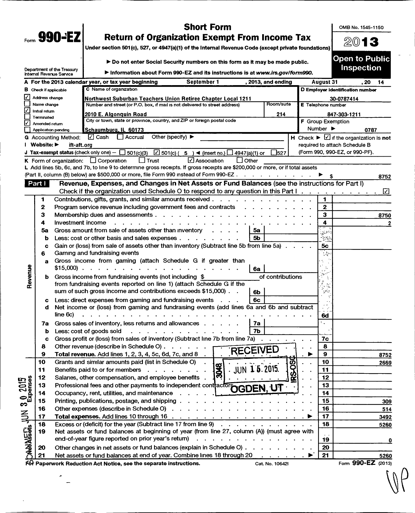 Image of first page of 2013 Form 990EO for American Federation of Teachers - 1211 NW Suburban TS Un Retiree Chap