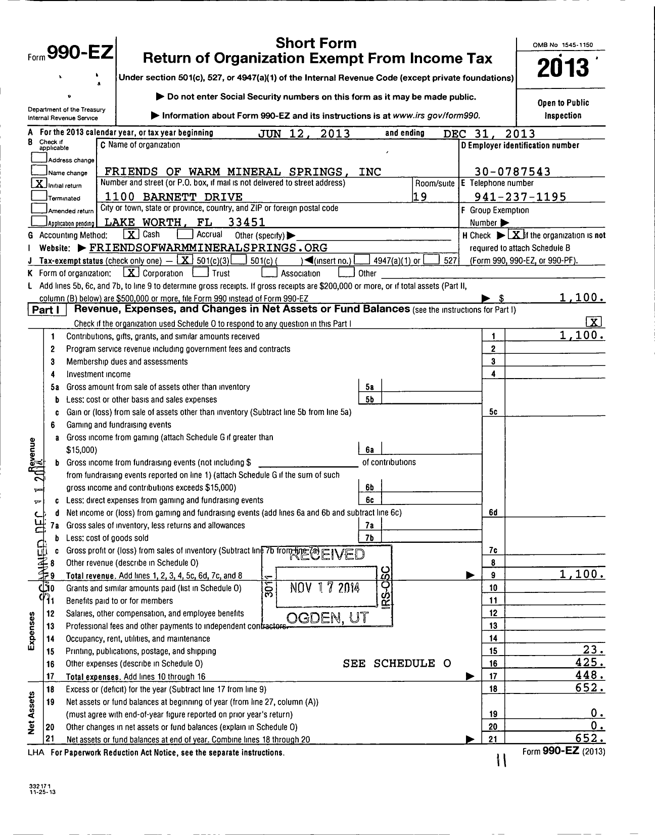 Image of first page of 2013 Form 990EZ for Friends of Warm Mineral Springs