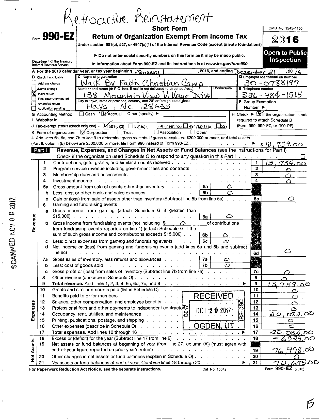 Image of first page of 2016 Form 990EZ for Walk By Faith Christian Camp
