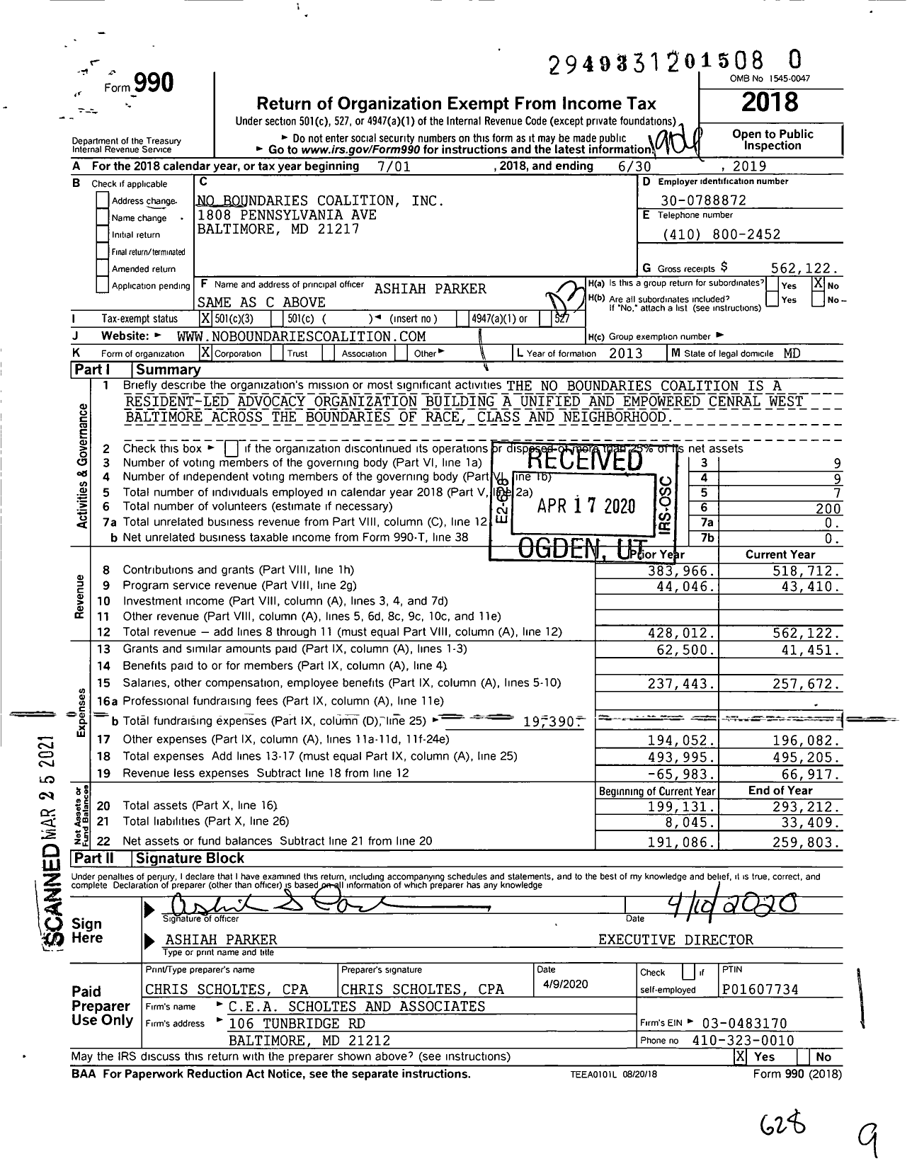 Image of first page of 2018 Form 990 for No Boundaries Coalition
