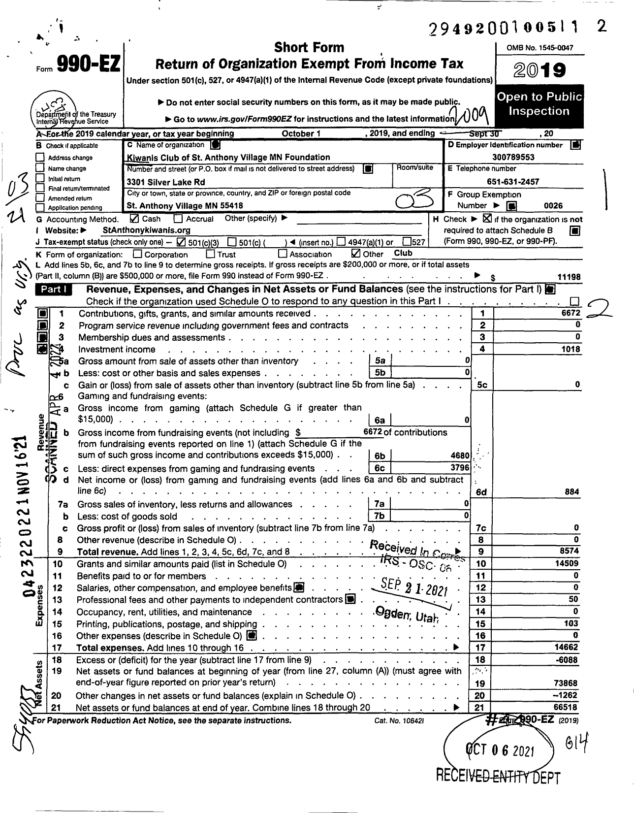 Image of first page of 2019 Form 990EZ for Kiwanis Club of St Anthony MN Foundation