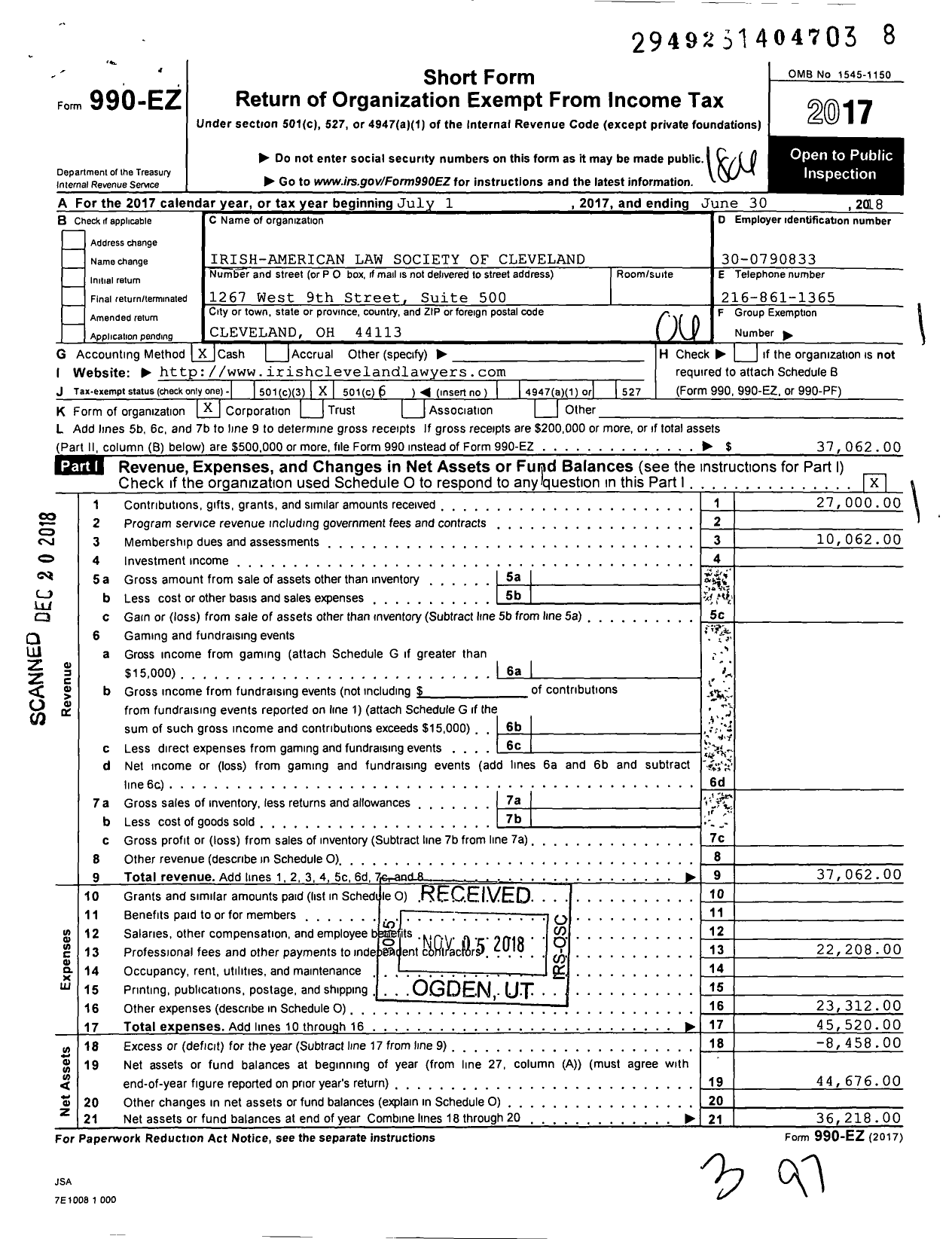 Image of first page of 2017 Form 990EO for Irish-American Law Society of Cleveland