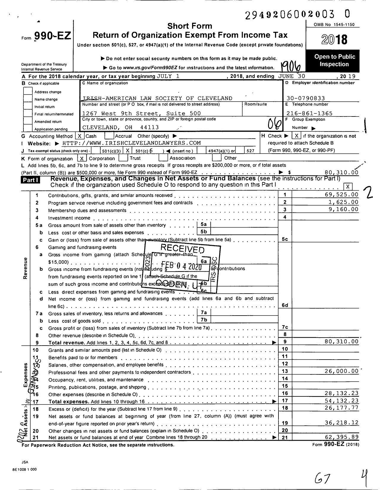 Image of first page of 2018 Form 990EO for Irish-American Law Society of Cleveland