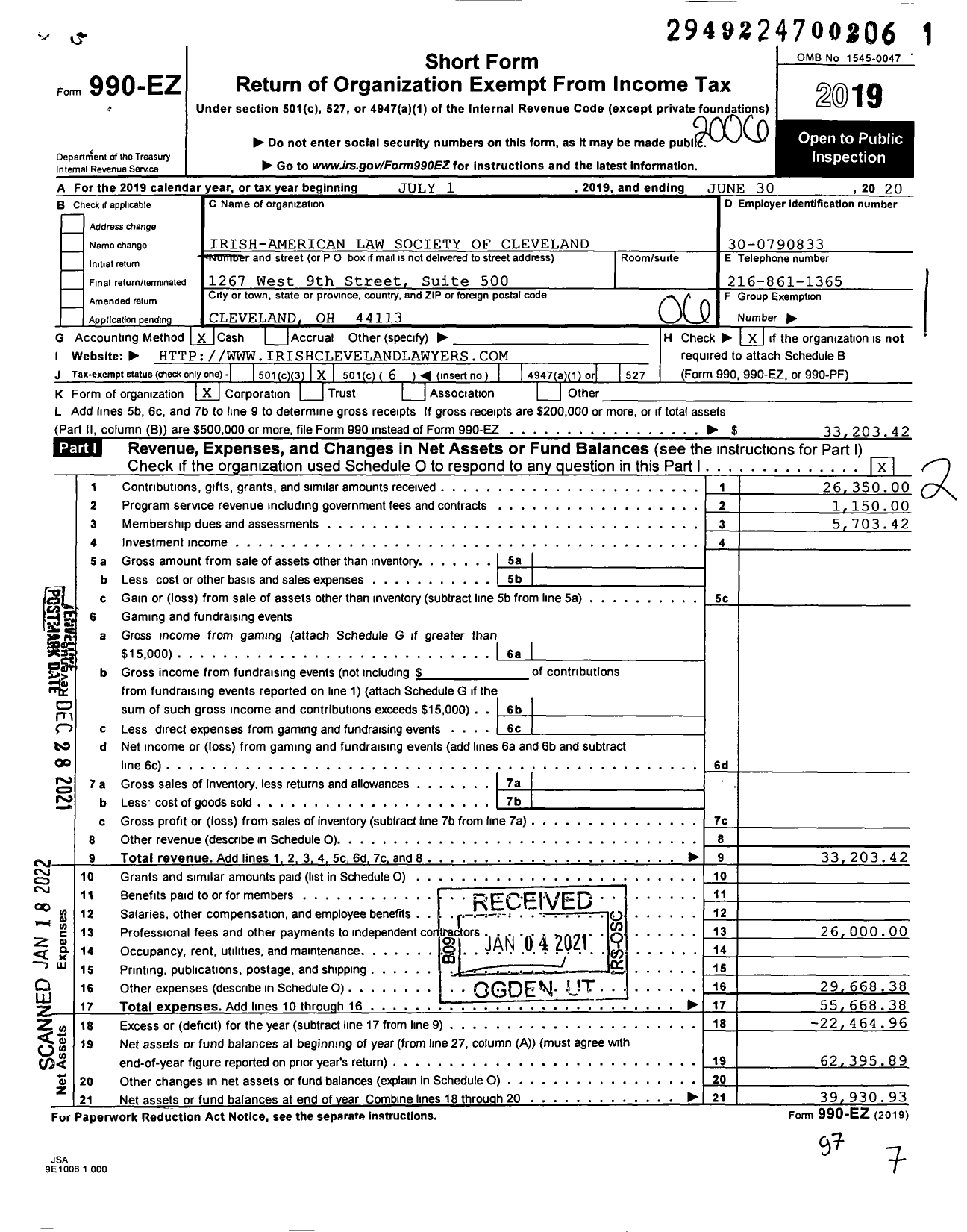 Image of first page of 2019 Form 990EO for Irish-American Law Society of Cleveland