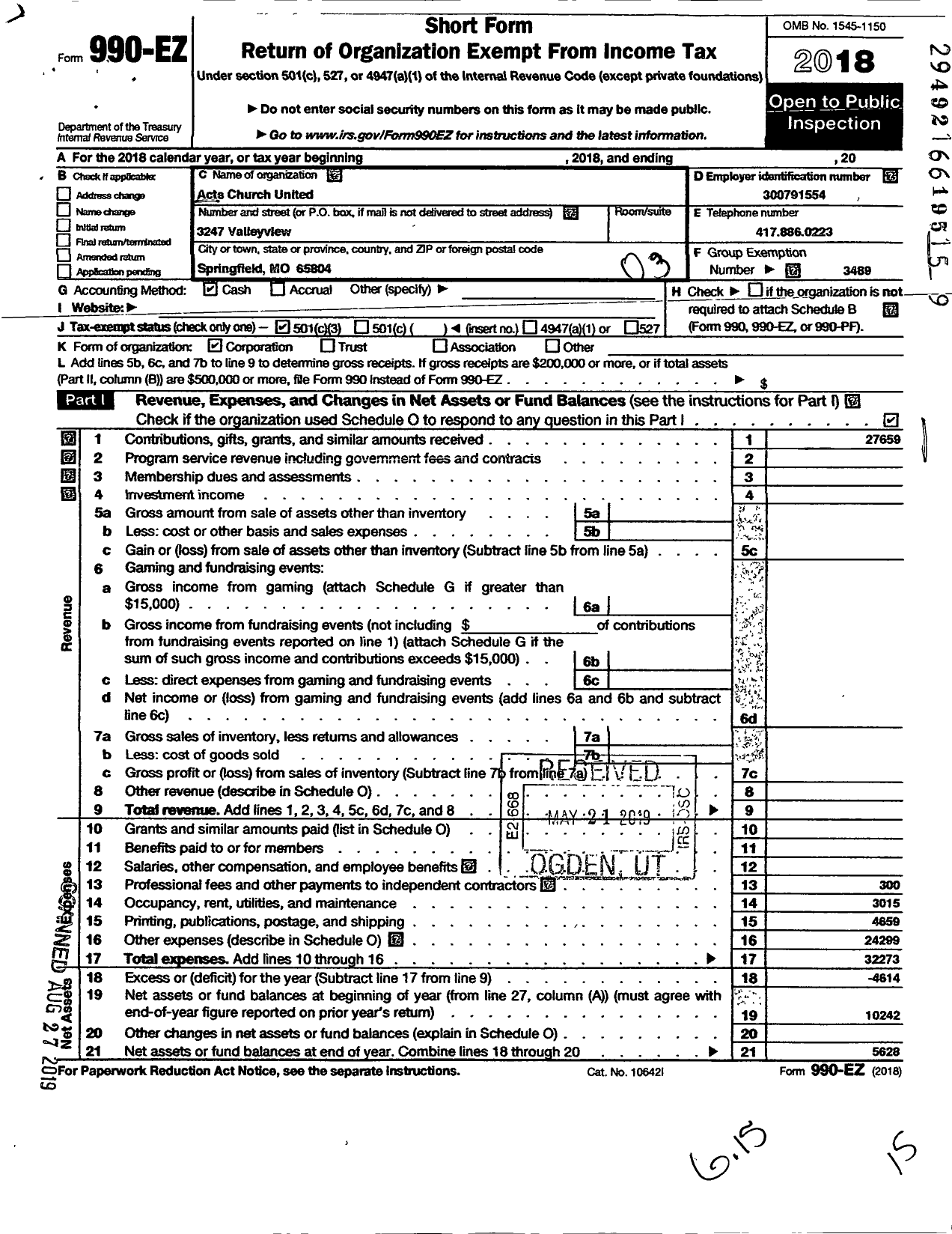 Image of first page of 2018 Form 990EZ for Acts Church United