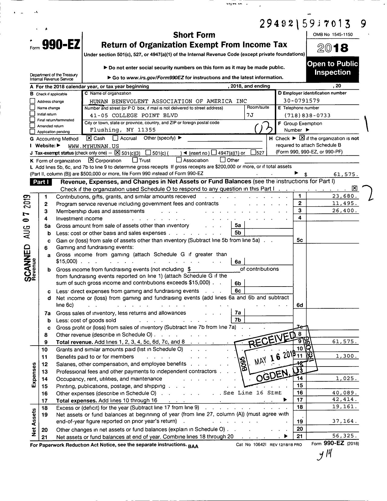 Image of first page of 2018 Form 990EZ for Hunan Benevolent Association of America