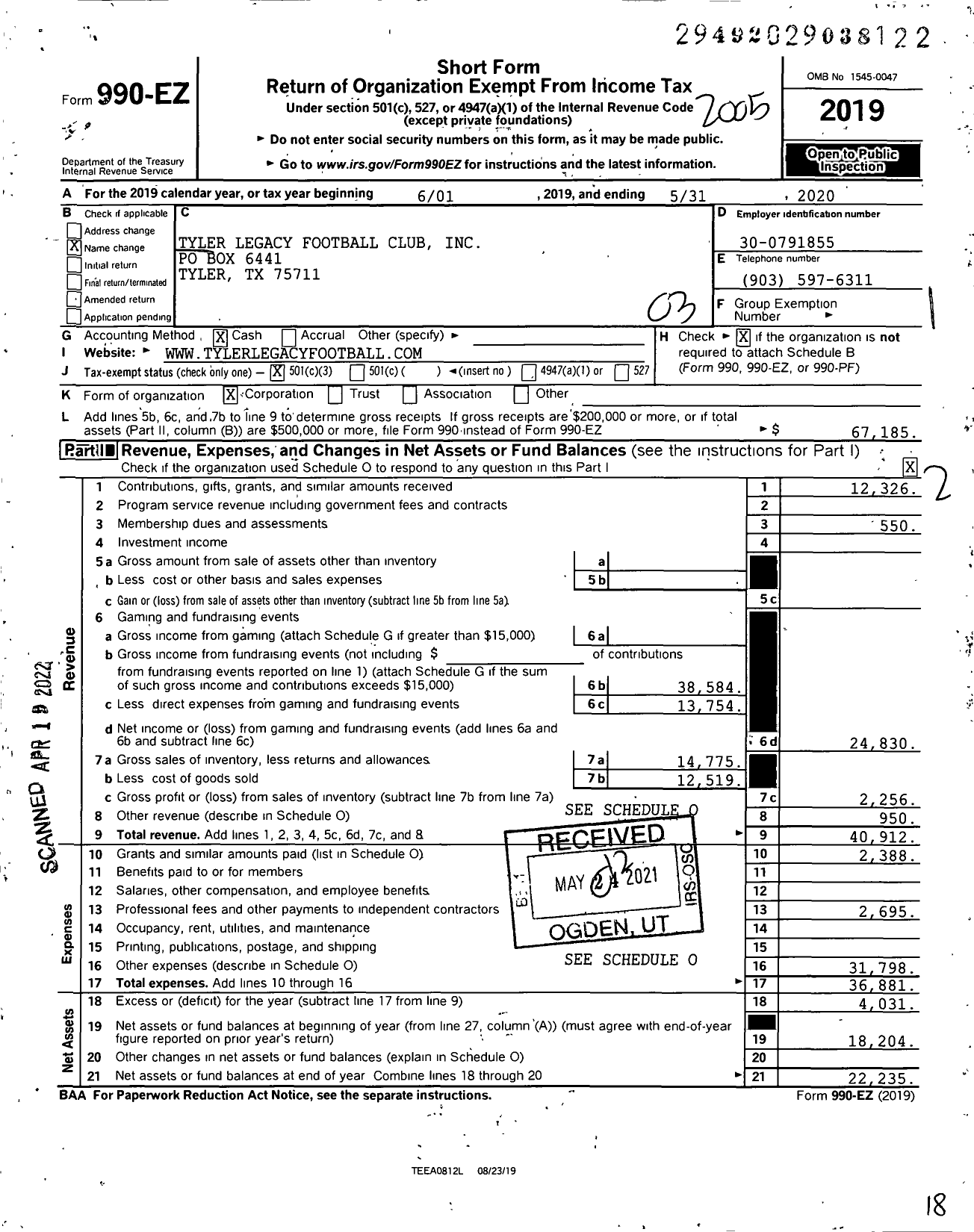 Image of first page of 2019 Form 990EZ for Tyler Legacy Football Club