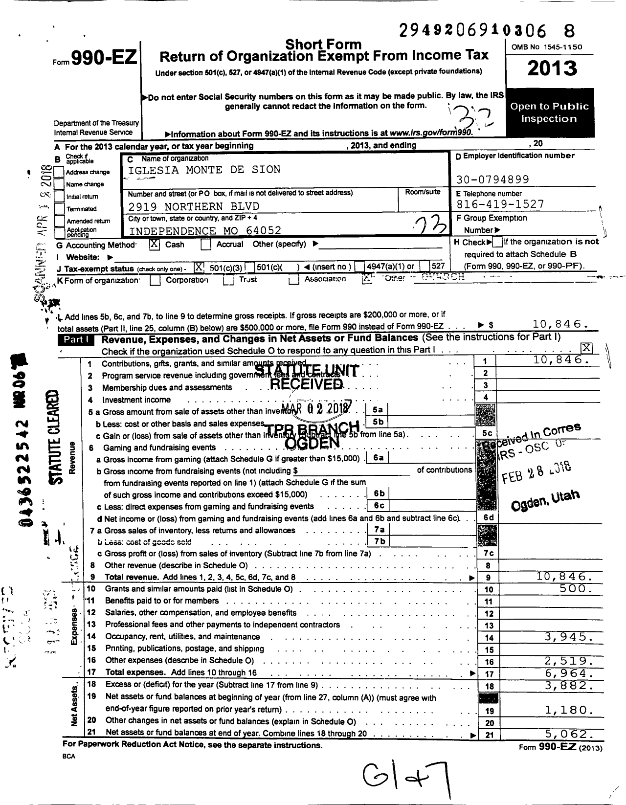 Image of first page of 2013 Form 990EZ for Iglesia Evangelica Monte de Sion