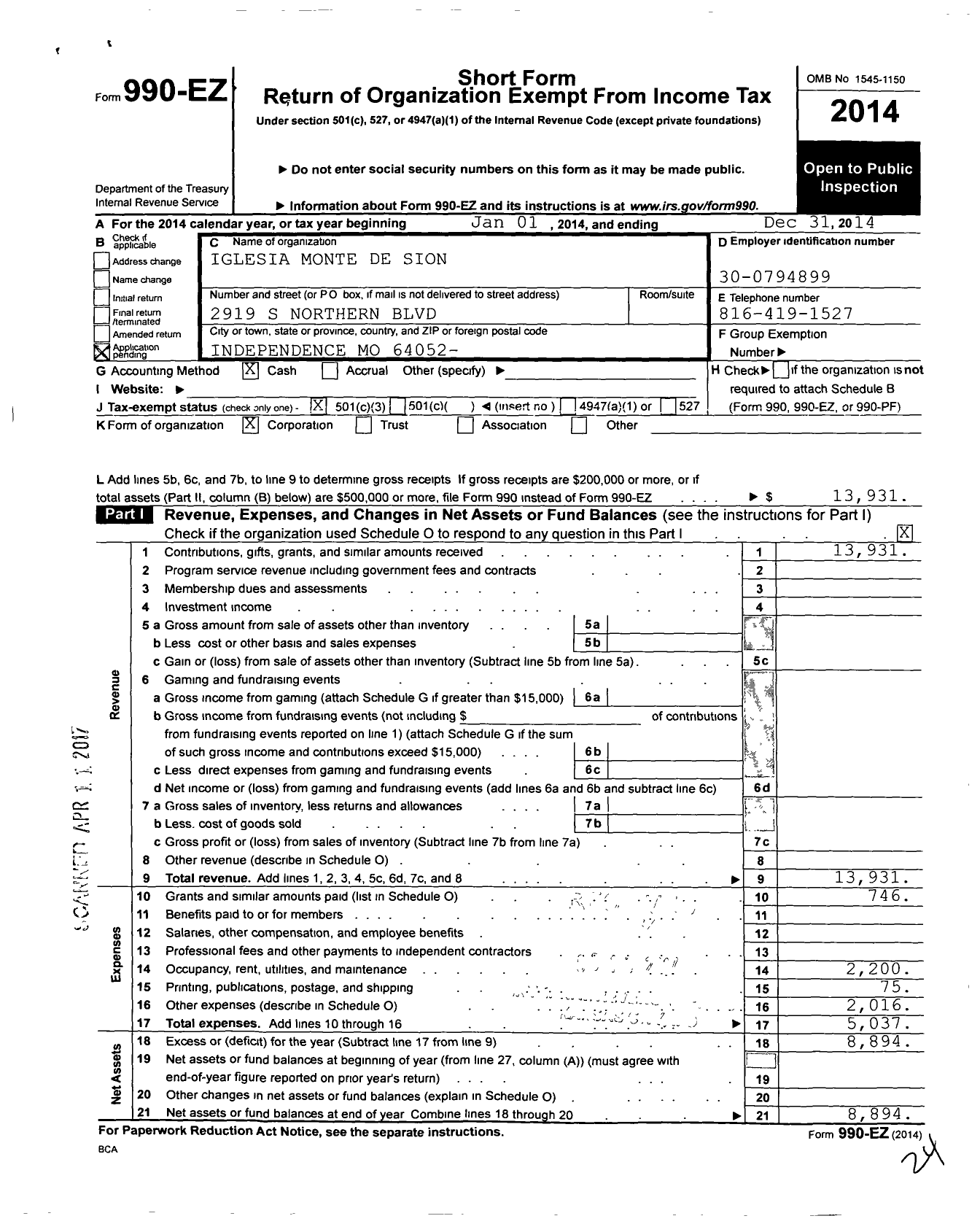 Image of first page of 2014 Form 990EZ for Iglesia Evangelica Monte de Sion