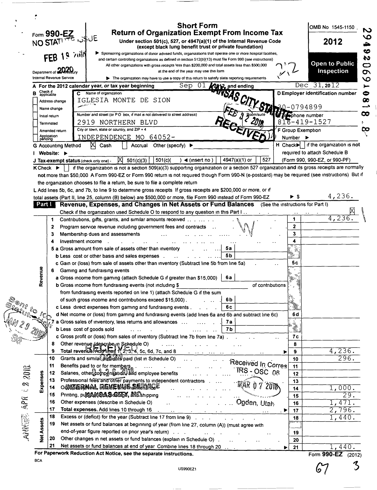 Image of first page of 2012 Form 990EZ for Iglesia Evangelica Monte de Sion