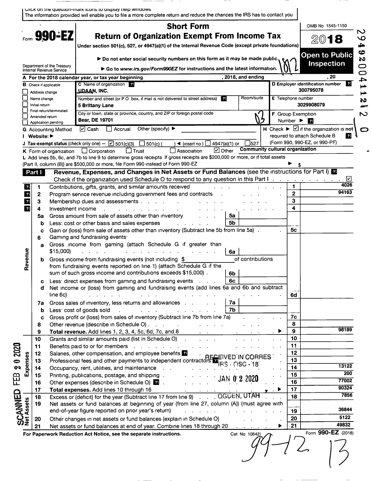 Image of first page of 2018 Form 990EZ for Udaan