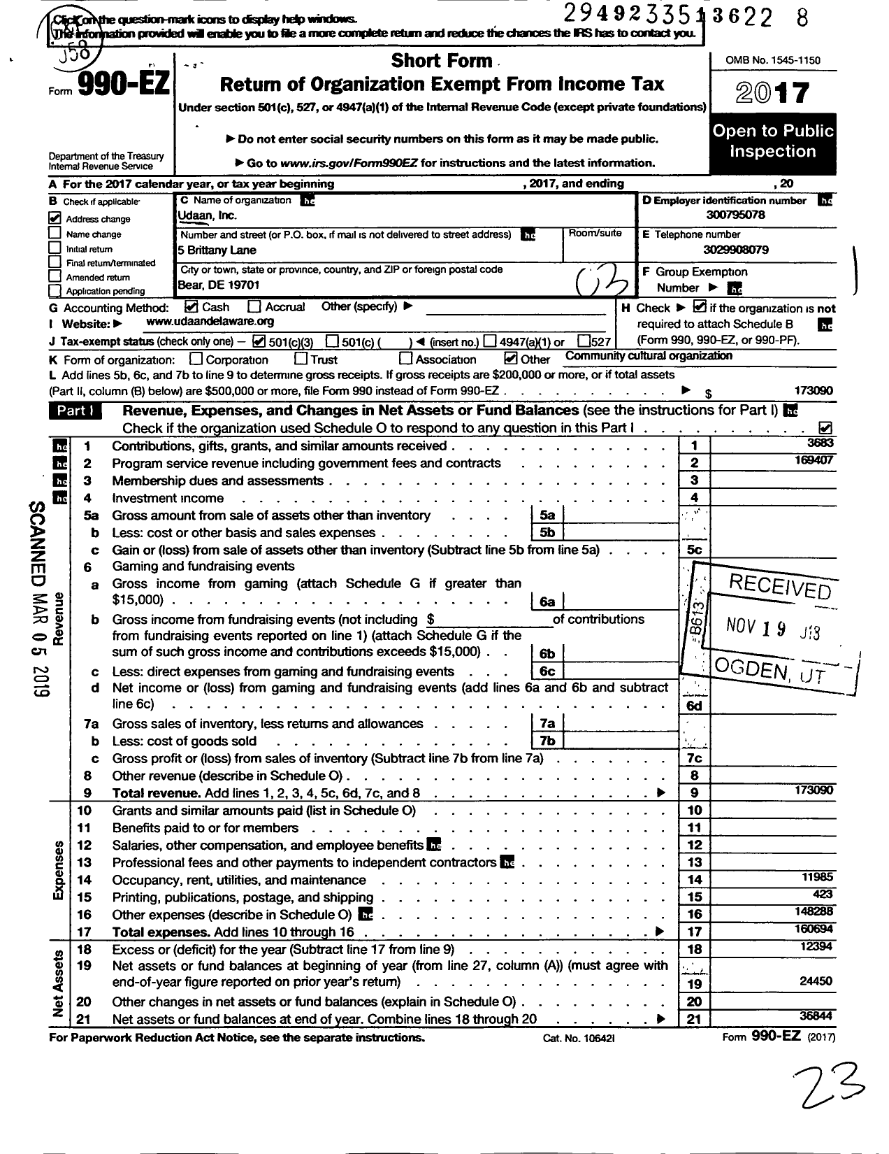 Image of first page of 2017 Form 990EZ for Udaan