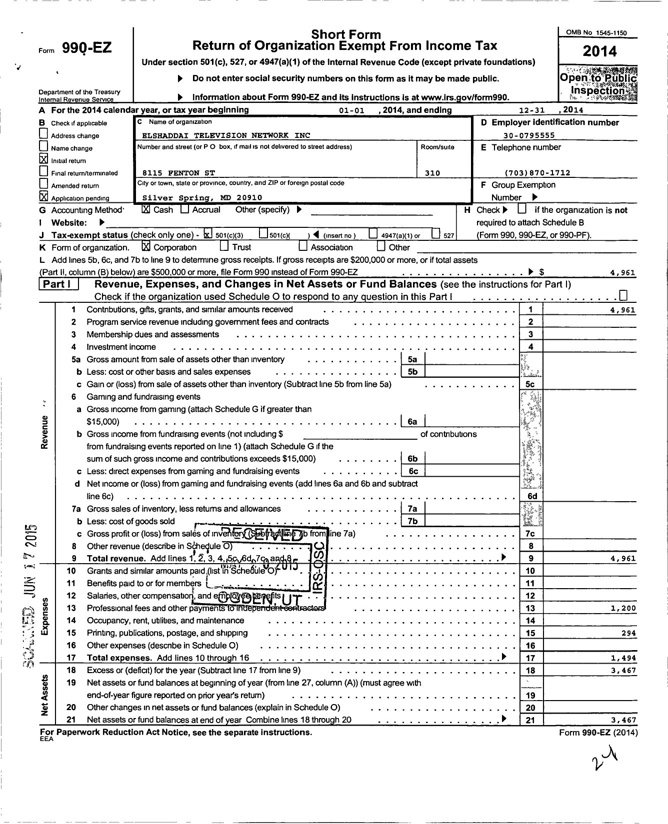 Image of first page of 2014 Form 990EZ for Elshaddai Television Network