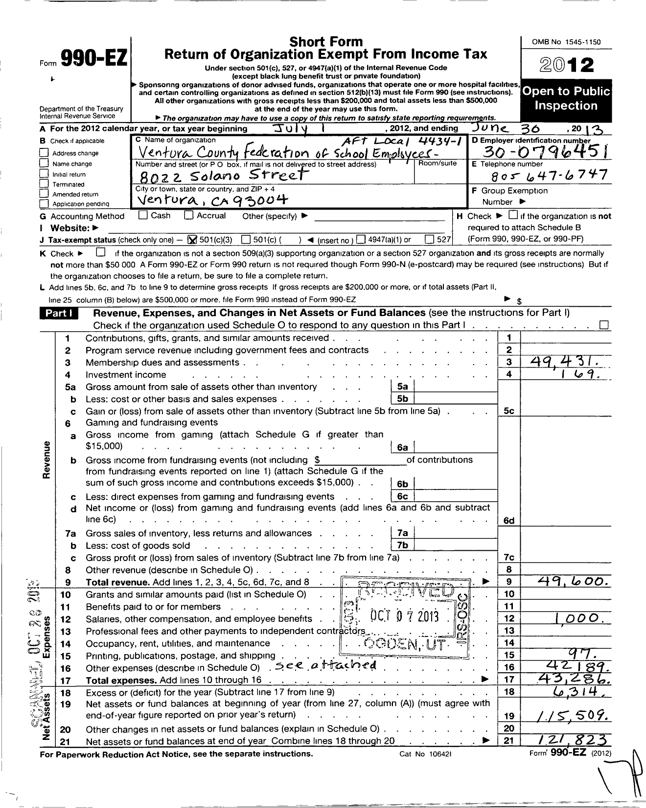 Image of first page of 2012 Form 990EZ for American Federation of Teachers - 4434-1 Ventura County Federation of