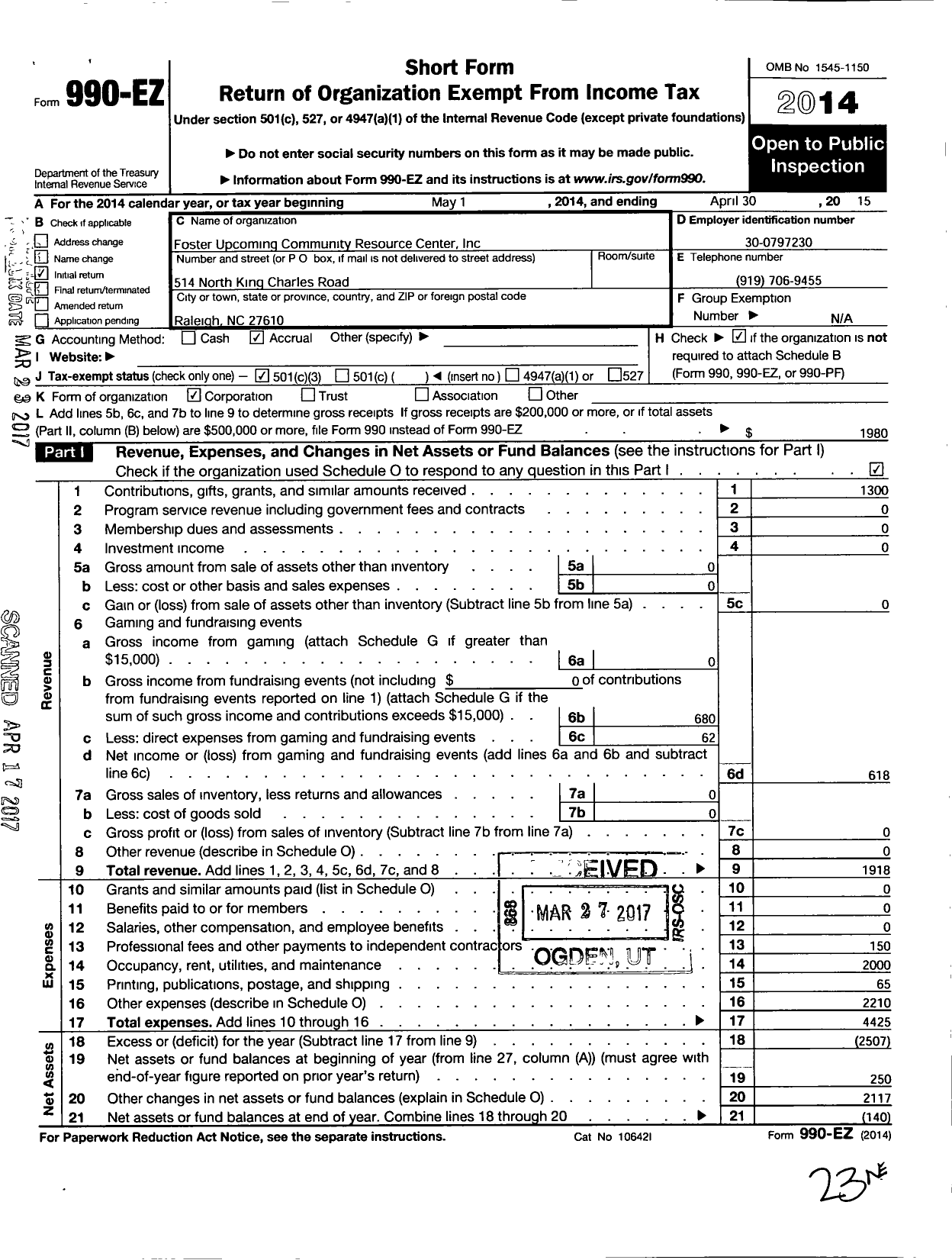 Image of first page of 2014 Form 990EZ for Foster Upcomming Community Resources Center