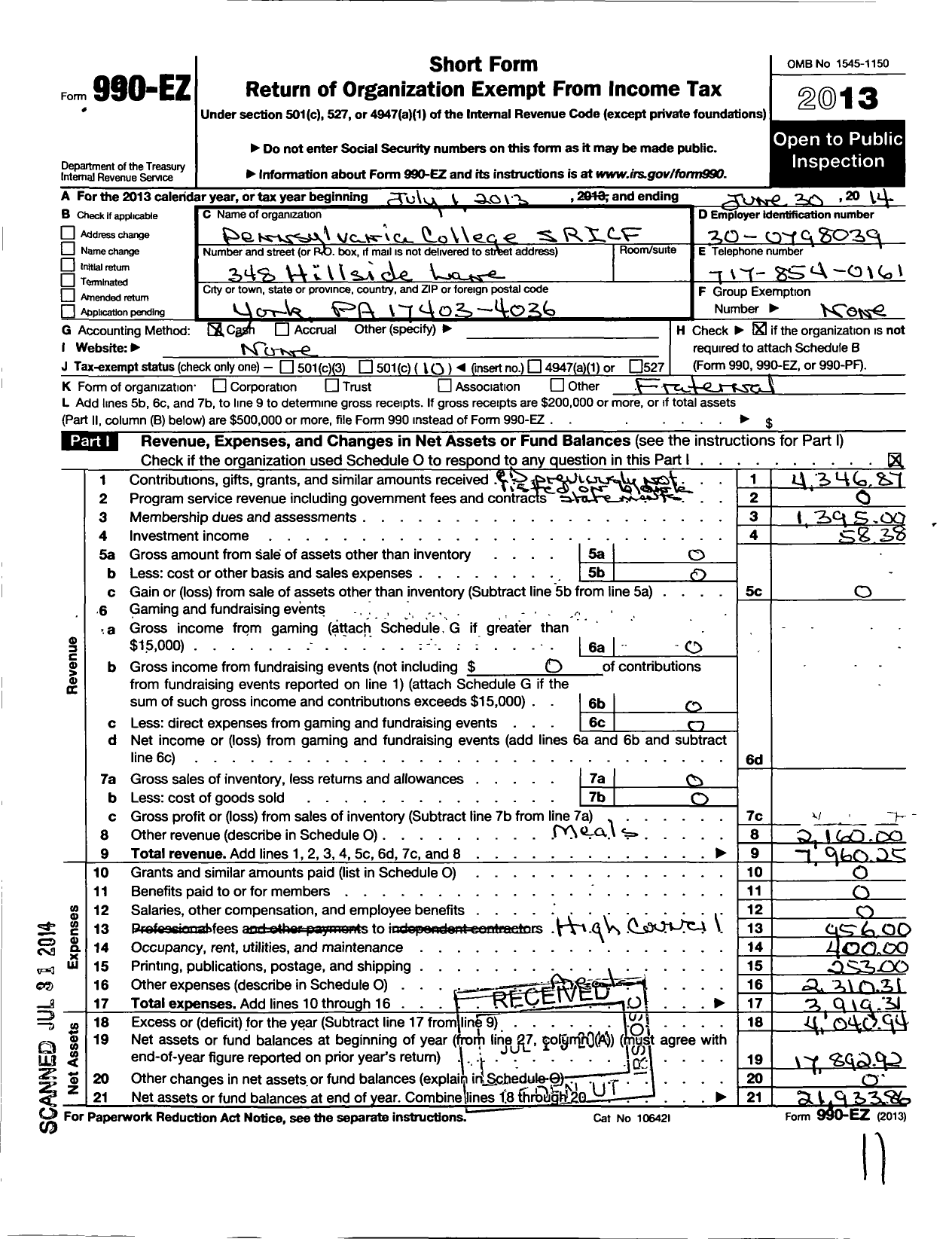 Image of first page of 2013 Form 990EO for Pennsylvania College SRICF