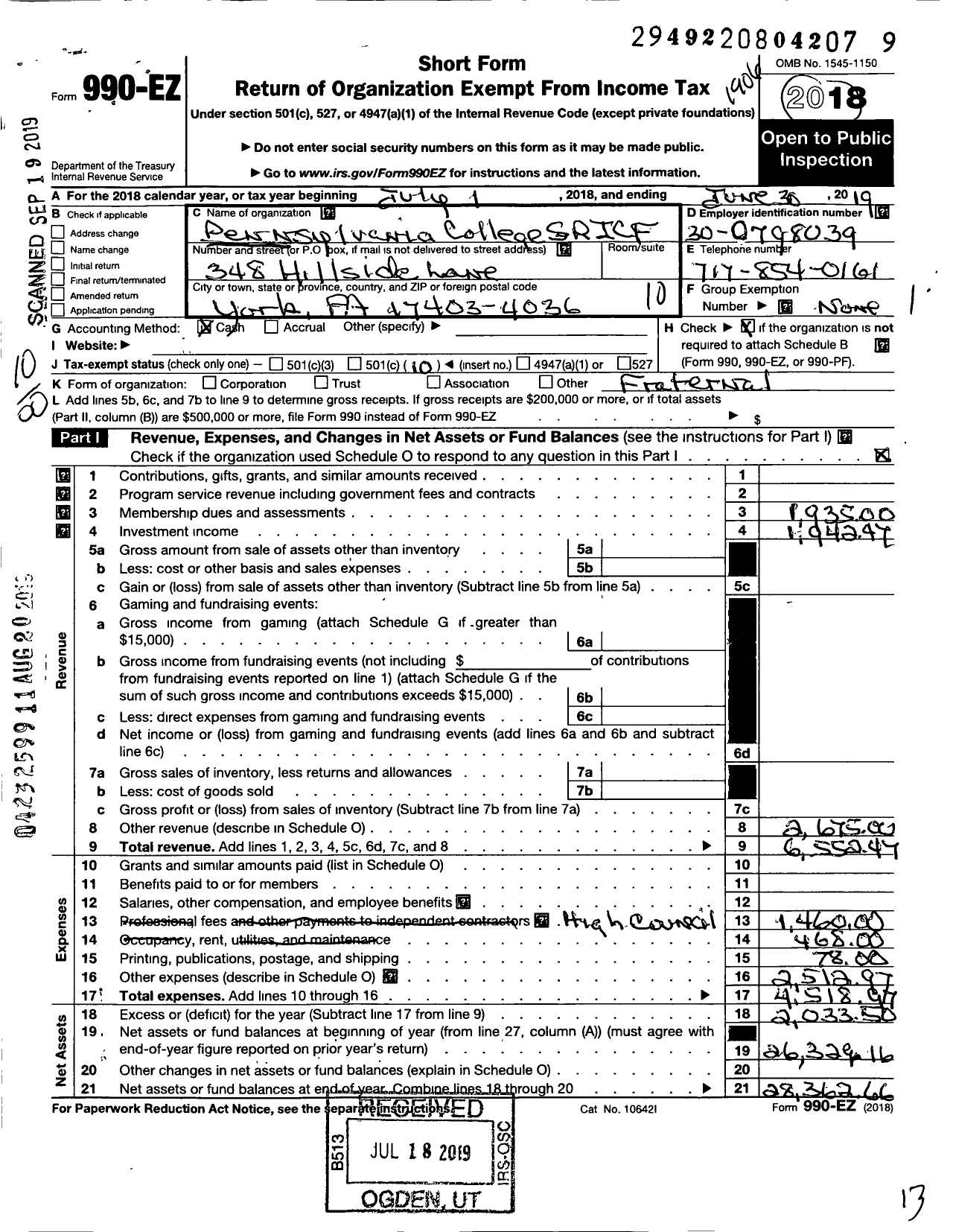 Image of first page of 2018 Form 990EO for Pennsylvania College SRICF