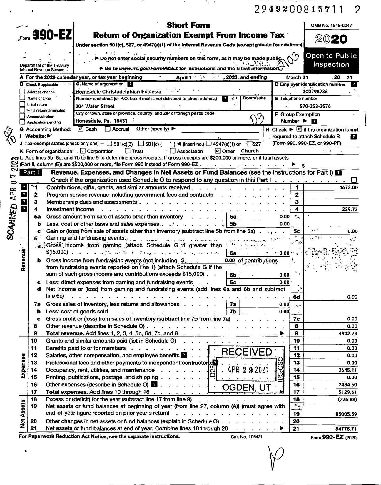 Image of first page of 2020 Form 990EZ for HONESDALE CHRISTADELPHIAn ECCLESIA