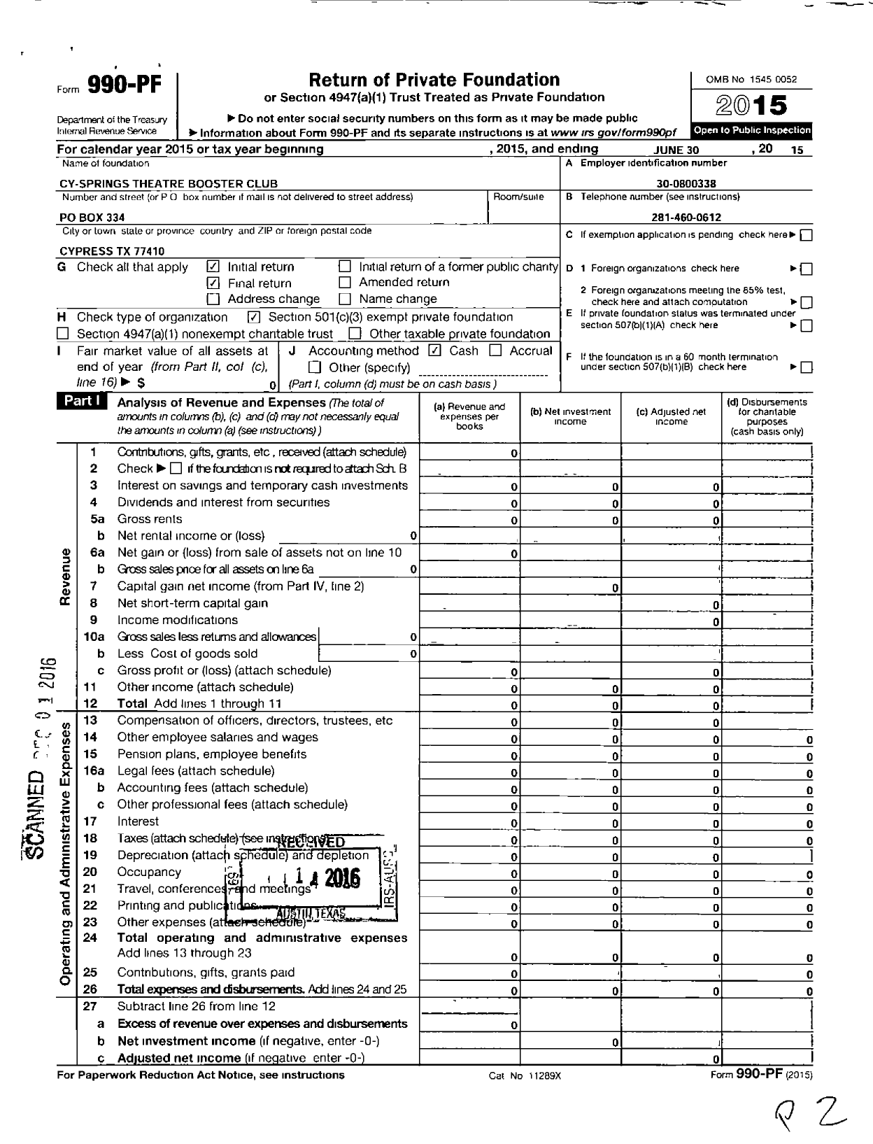 Image of first page of 2014 Form 990PF for Cy-Springs Theatre Booster Club