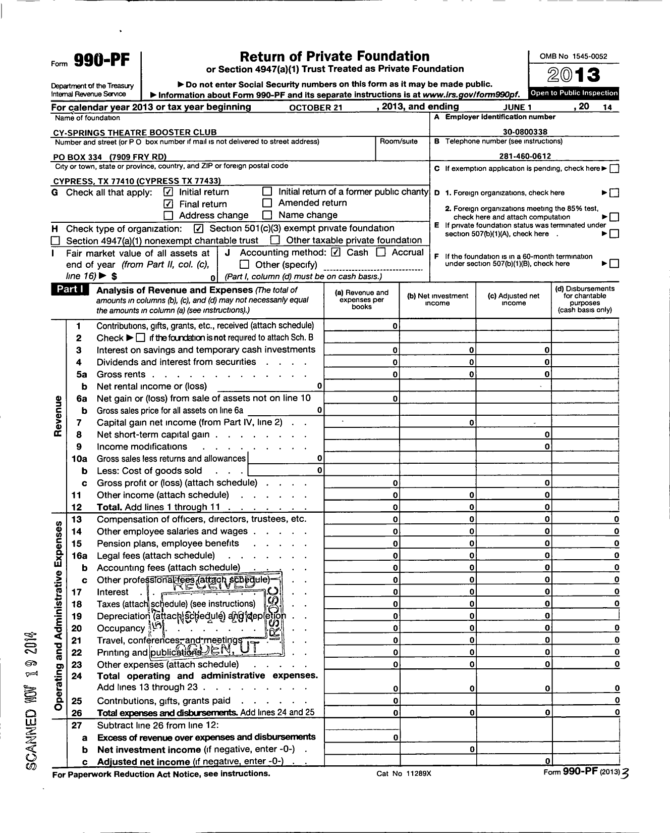 Image of first page of 2013 Form 990PF for Cy-Springs Theatre Booster Club