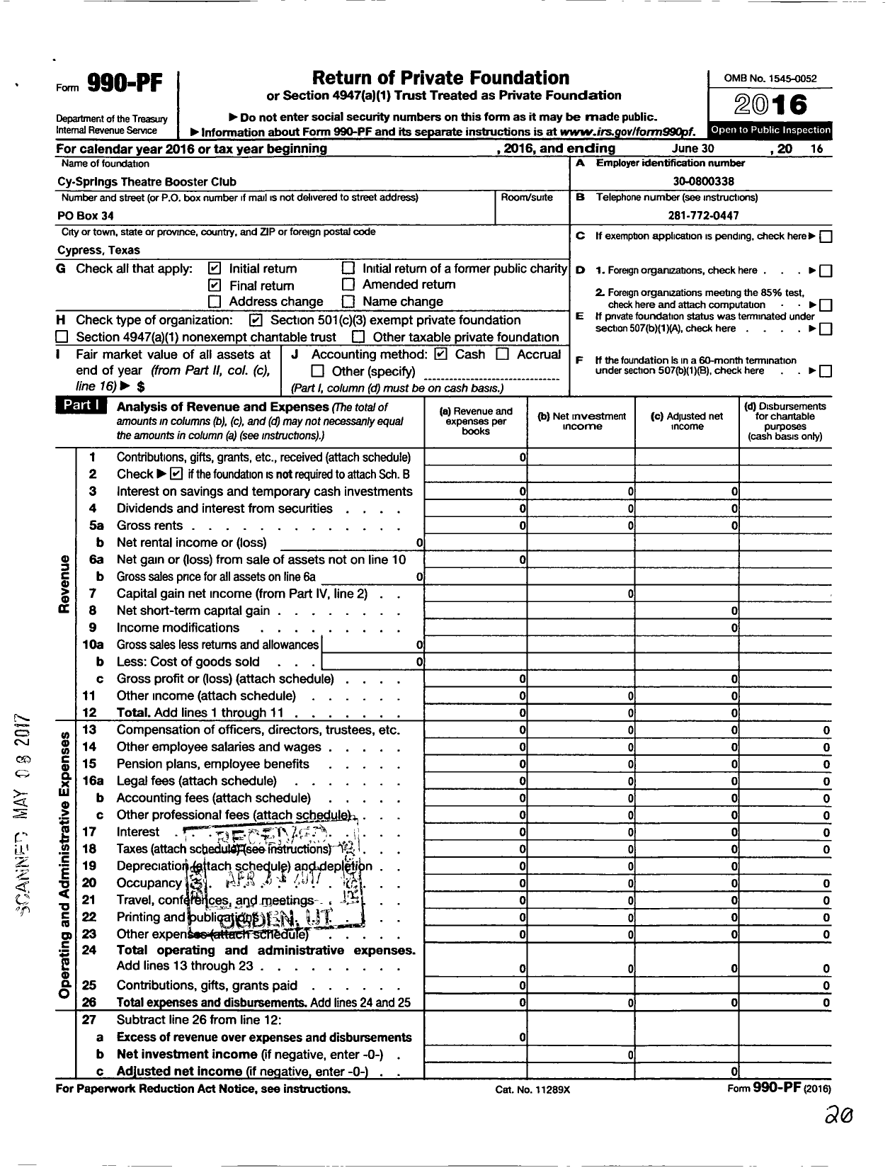 Image of first page of 2015 Form 990PF for Cy-Springs Theatre Booster Club