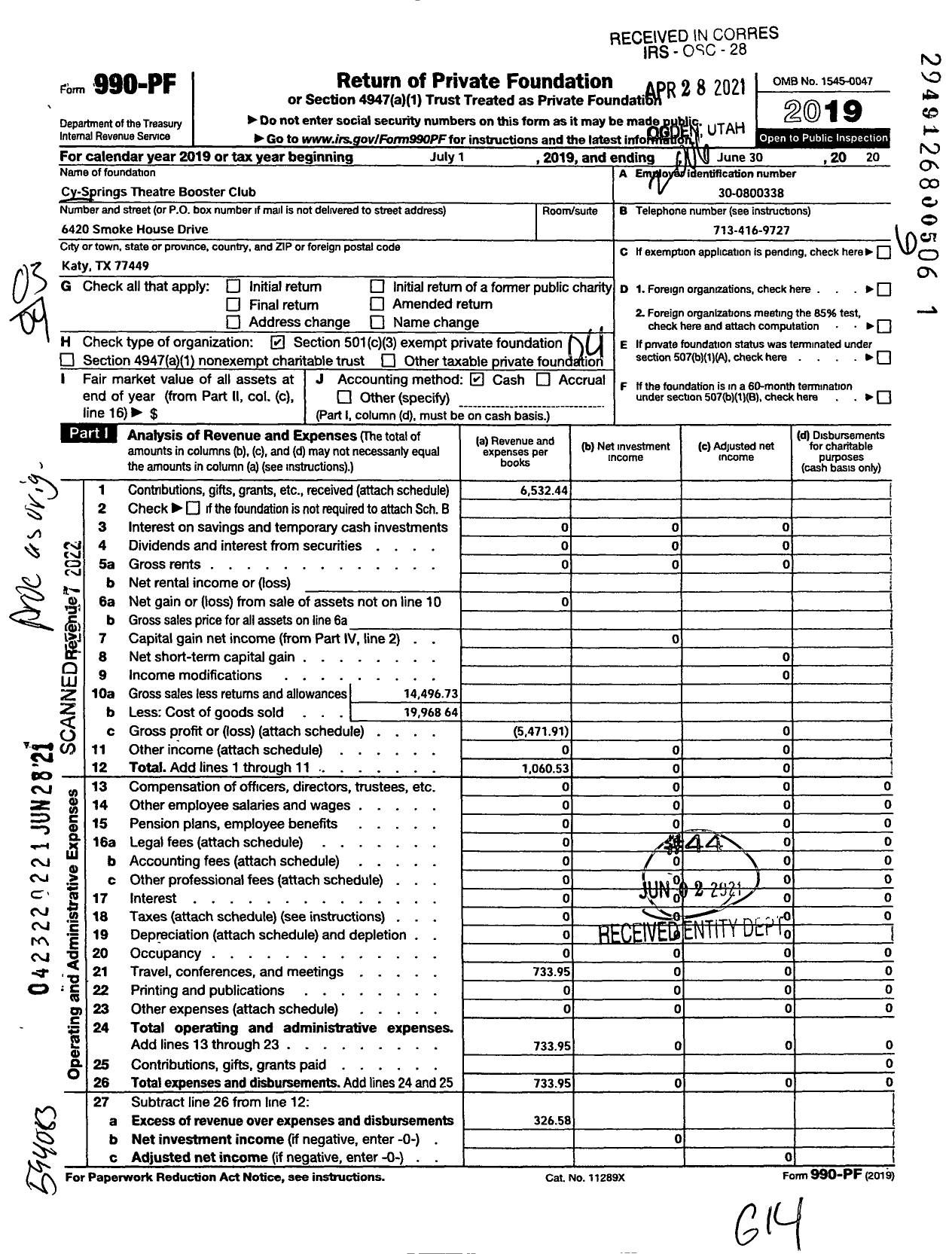 Image of first page of 2019 Form 990PF for Cy-Springs Theatre Booster Club