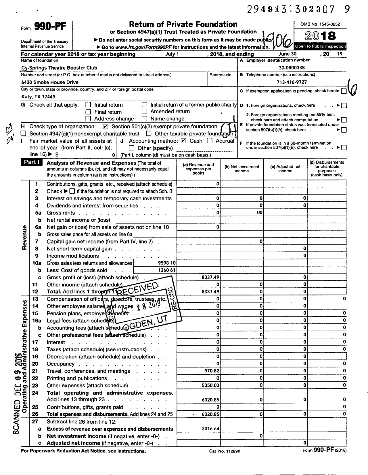 Image of first page of 2018 Form 990PF for Cy-Springs Theatre Booster Club