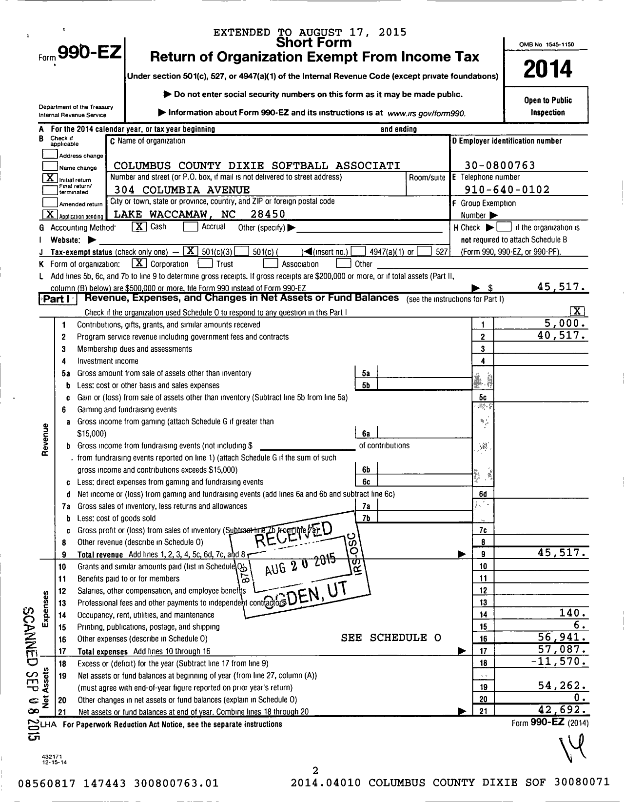 Image of first page of 2014 Form 990EZ for Columbus County Dixie Softball Association