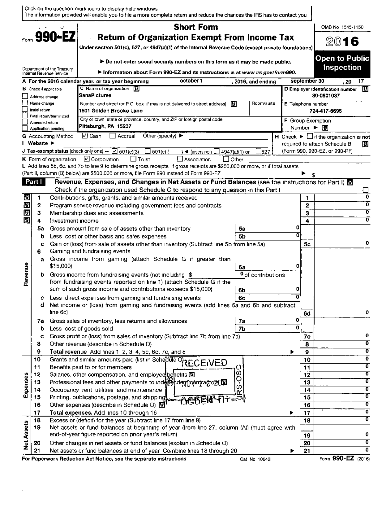 Image of first page of 2016 Form 990EZ for Sanapictures