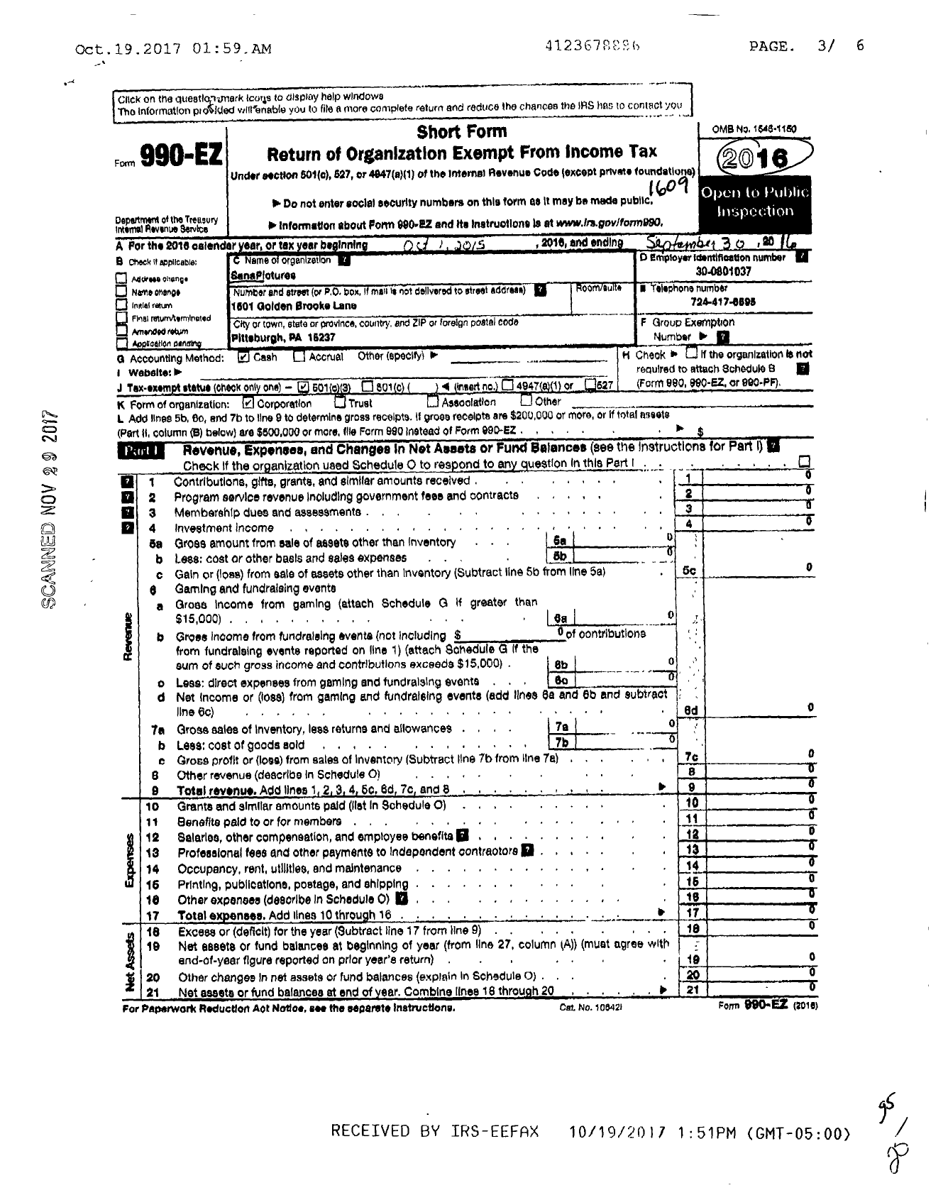 Image of first page of 2015 Form 990EZ for Sanapictures