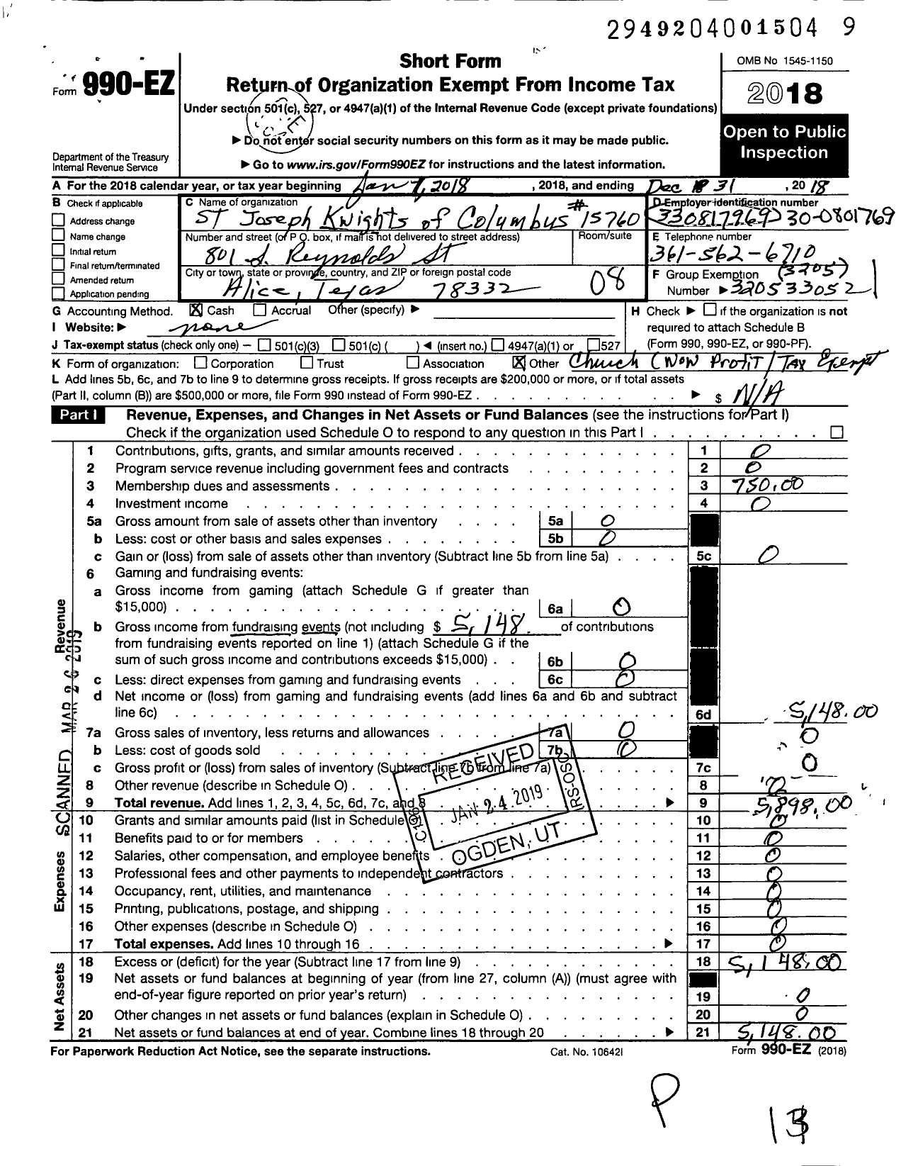 Image of first page of 2018 Form 990EO for Knights of Columbus - 15760 St Josephs Council